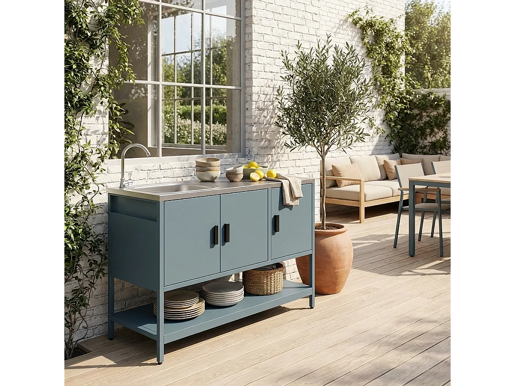 Modulo cucina da esterno in acciaio con lavandino, 120cm, blu grigio