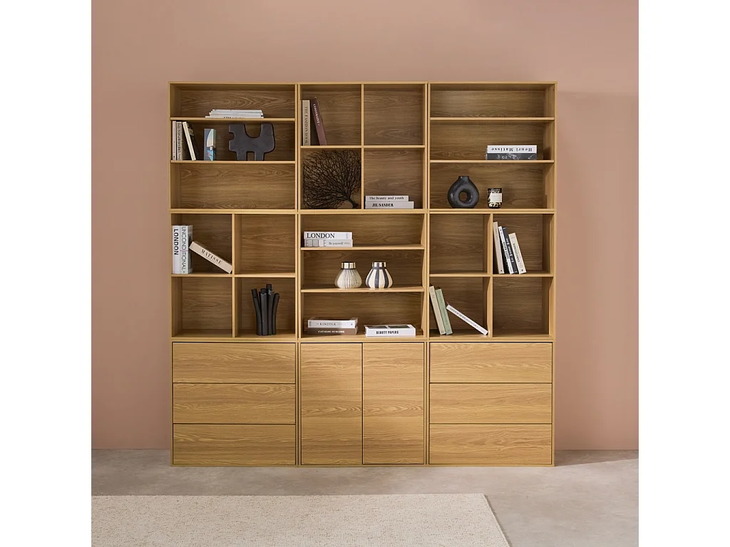Kit étagère. bibliothèque décor bois chêne 9 éléments 100% modulable L 210 x P 35 x H 210cm - Kompo