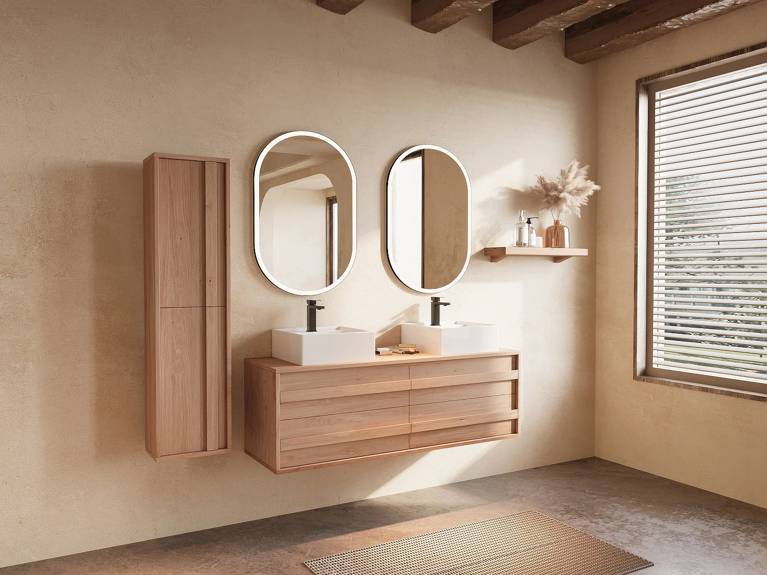 Meuble de salle de bain suspendu en chêne massif avec double vasque à poser carrée et colonne  - Naturel clair - 150 cm - SARLO