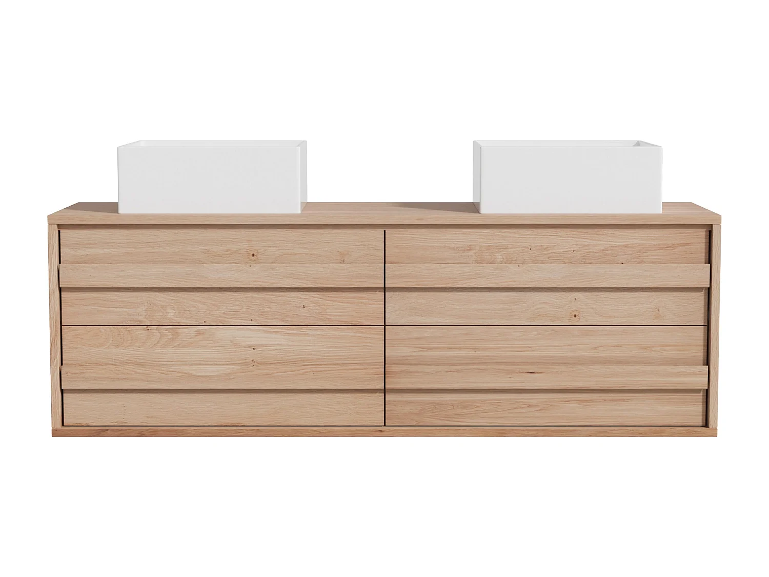 Meuble de salle de bain suspendu en chêne massif avec double vasque à poser carrée et colonne  - Naturel clair - 150 cm - SARLO