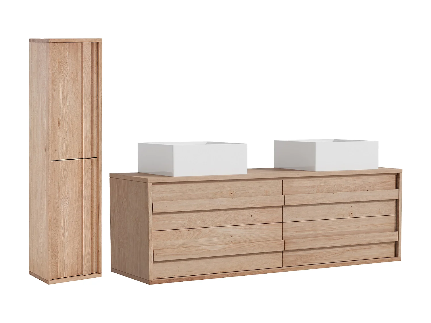 Meuble de salle de bain suspendu en chêne massif avec double vasque à poser carrée et colonne  - Naturel clair - 150 cm - SARLO