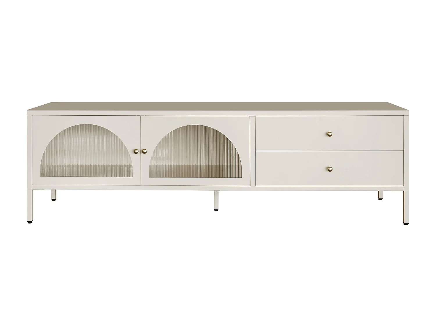 Meuble TV avec 2 portes et 2 tiroirs en métal et verre trempé cannelé - Beige et doré - ZAVEYRA