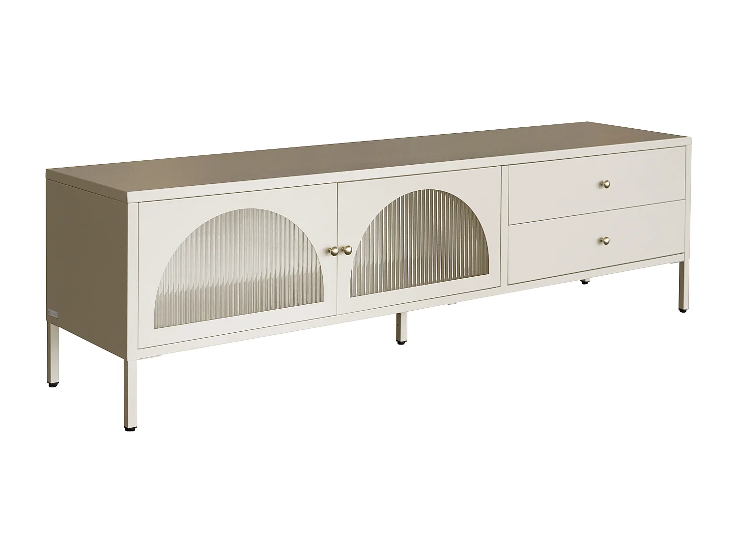 Meuble TV avec 2 portes et 2 tiroirs en métal et verre trempé cannelé - Beige et doré - ZAVEYRA