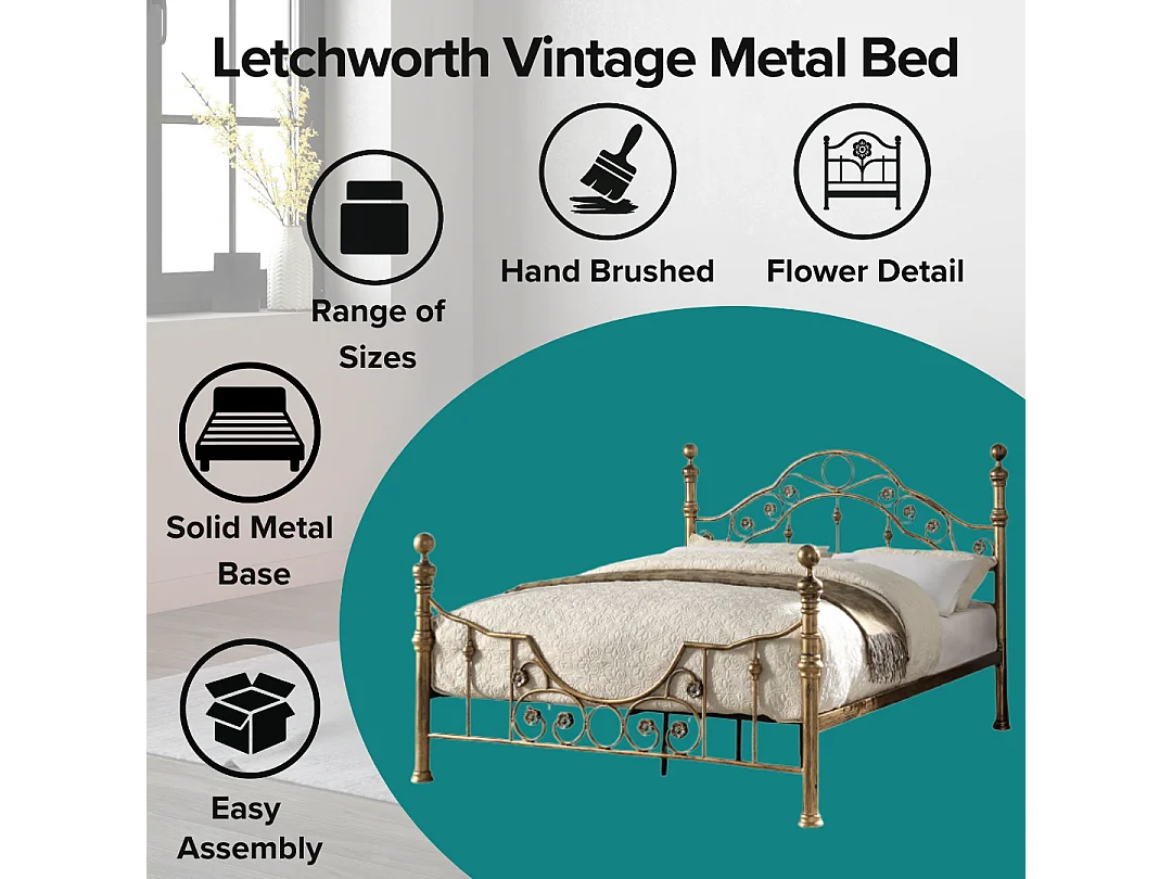 Letchworth Vintage Victorian Style Antique Metal Bed Frame w 25cm Deep Pocket Memory Foam Mattress