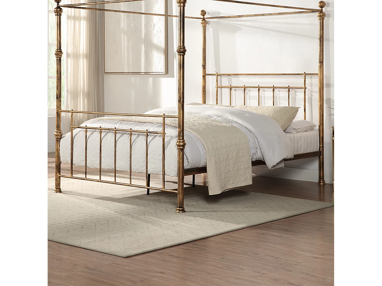 Welwyn 4 Poster Brass Metal Bed Frame w 25cm Memory Foam Mattress