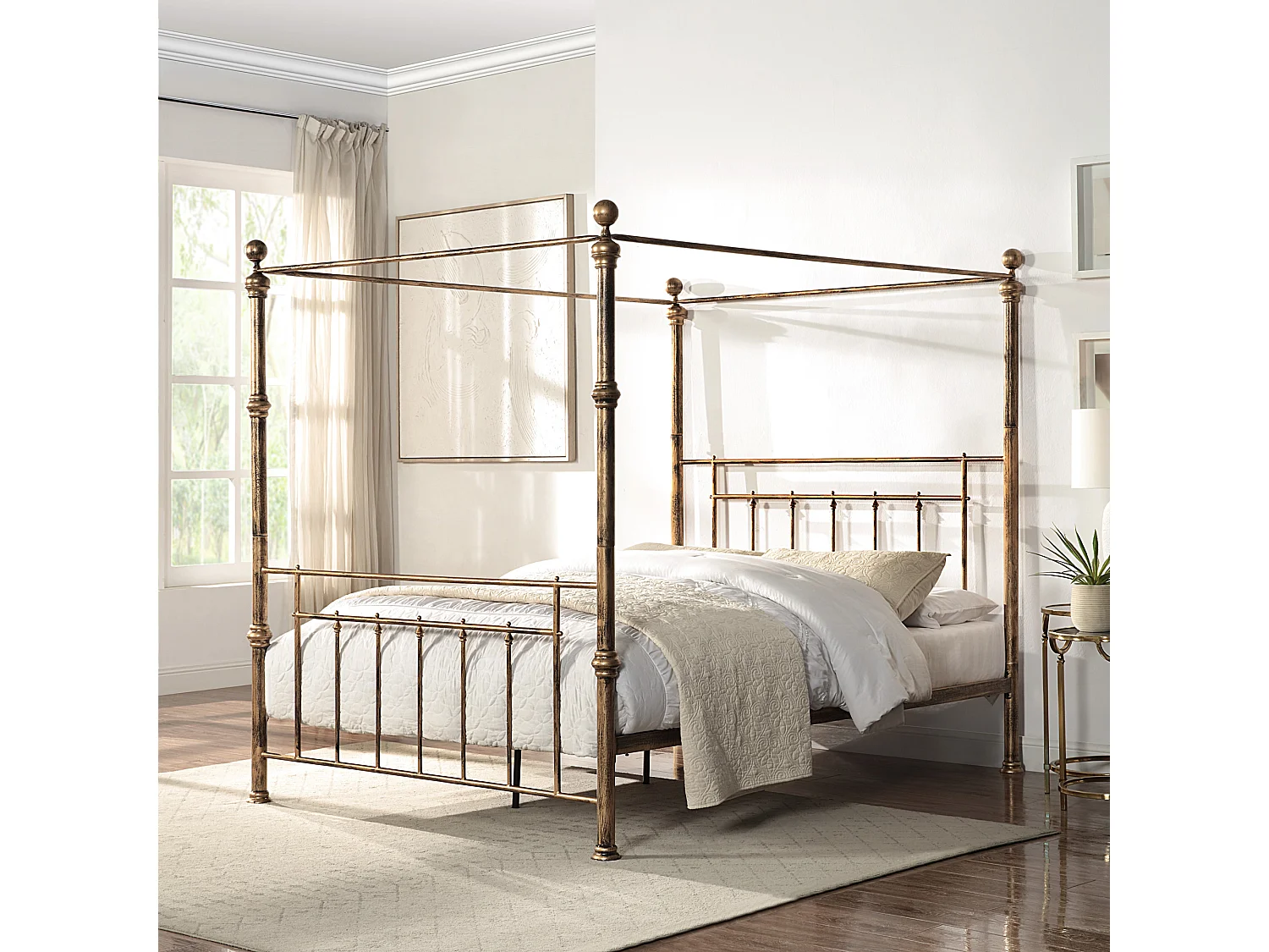 Welwyn Vintage Victorian 4 Poster Antique Brass Metal Bed Frame w 15cm Comfort Foam Mattress