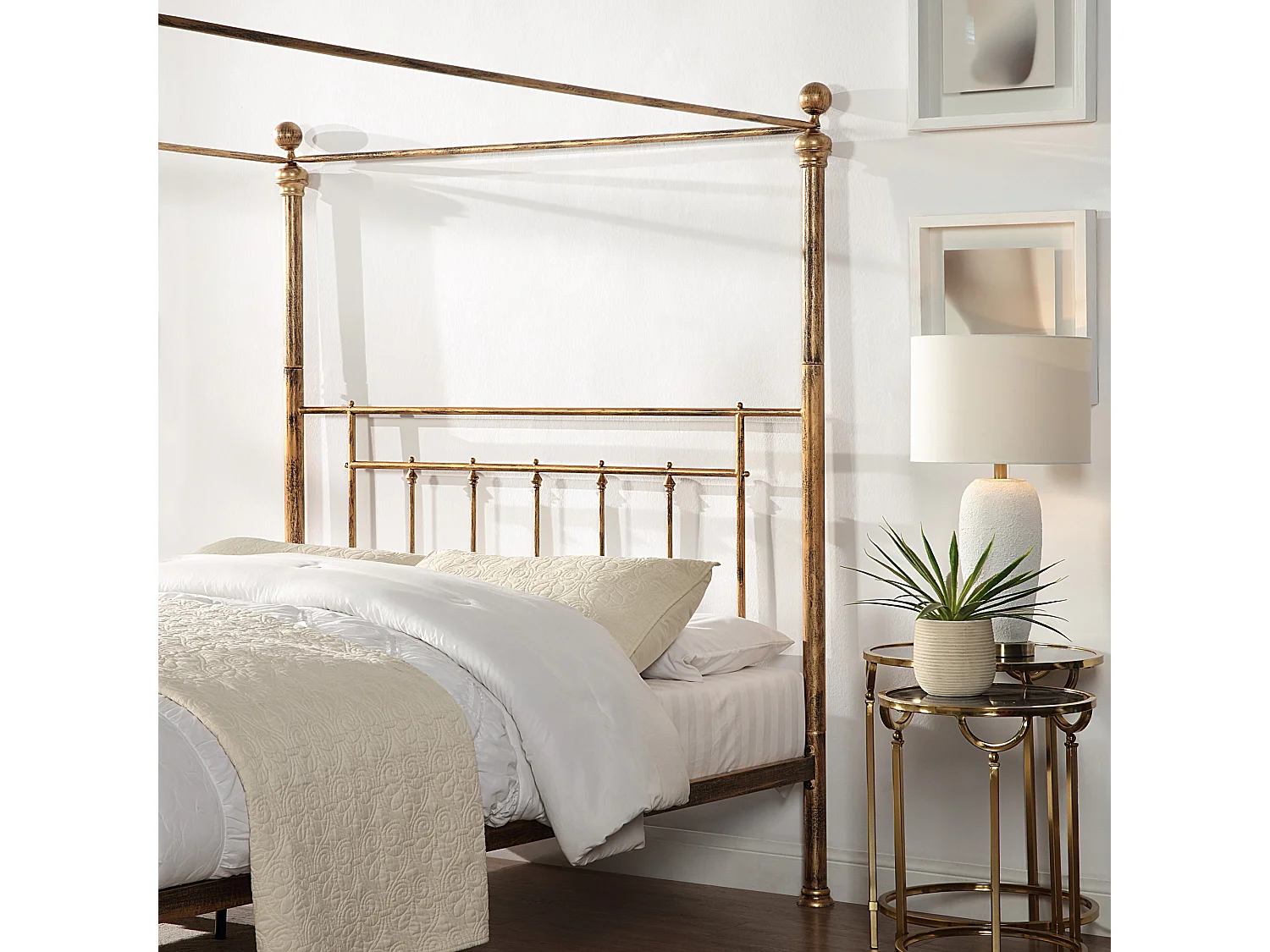 Welwyn Vintage Victorian 4 Poster Antique Brass Metal Bed Frame w 15cm Comfort Foam Mattress