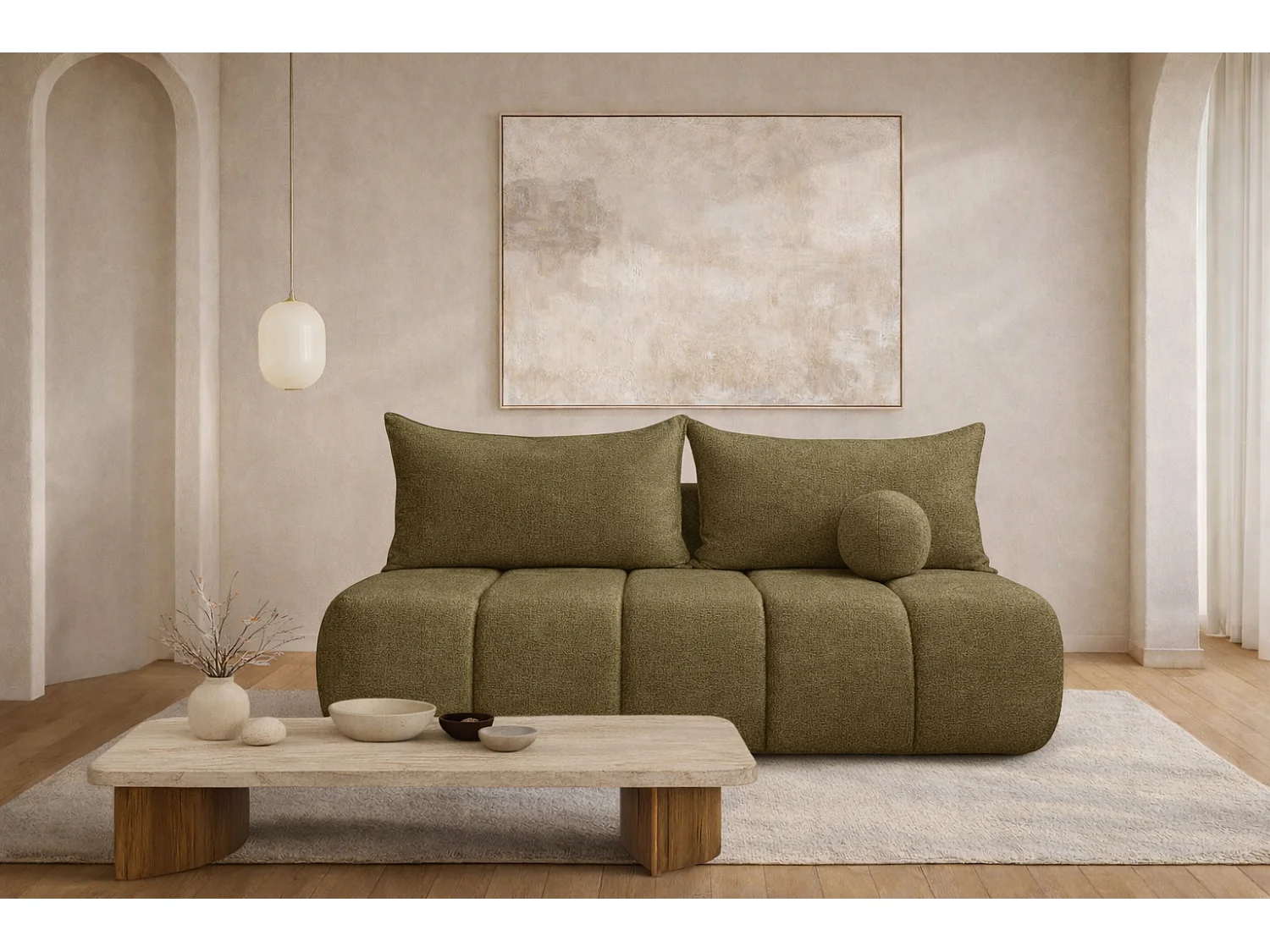 Canapé convertible avec fonction couchage et coffre de rangement, velours Monolith, Olive, PIANO