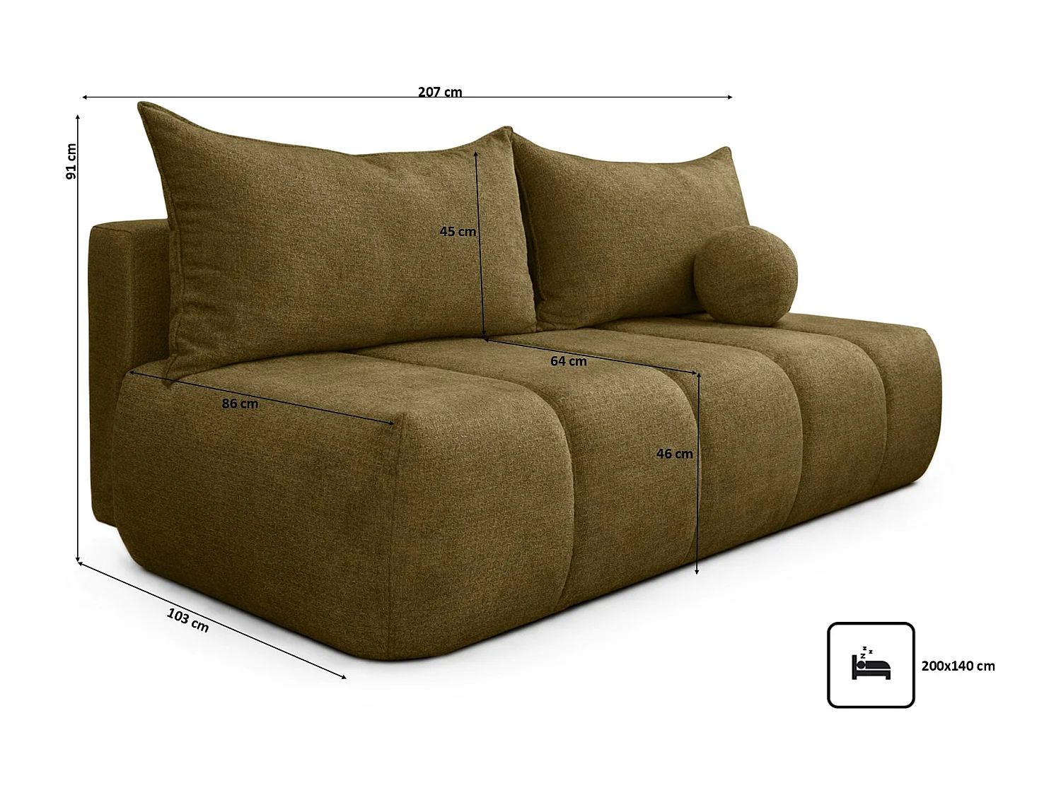 Canapé convertible avec fonction couchage et coffre de rangement, velours Monolith, Olive, PIANO