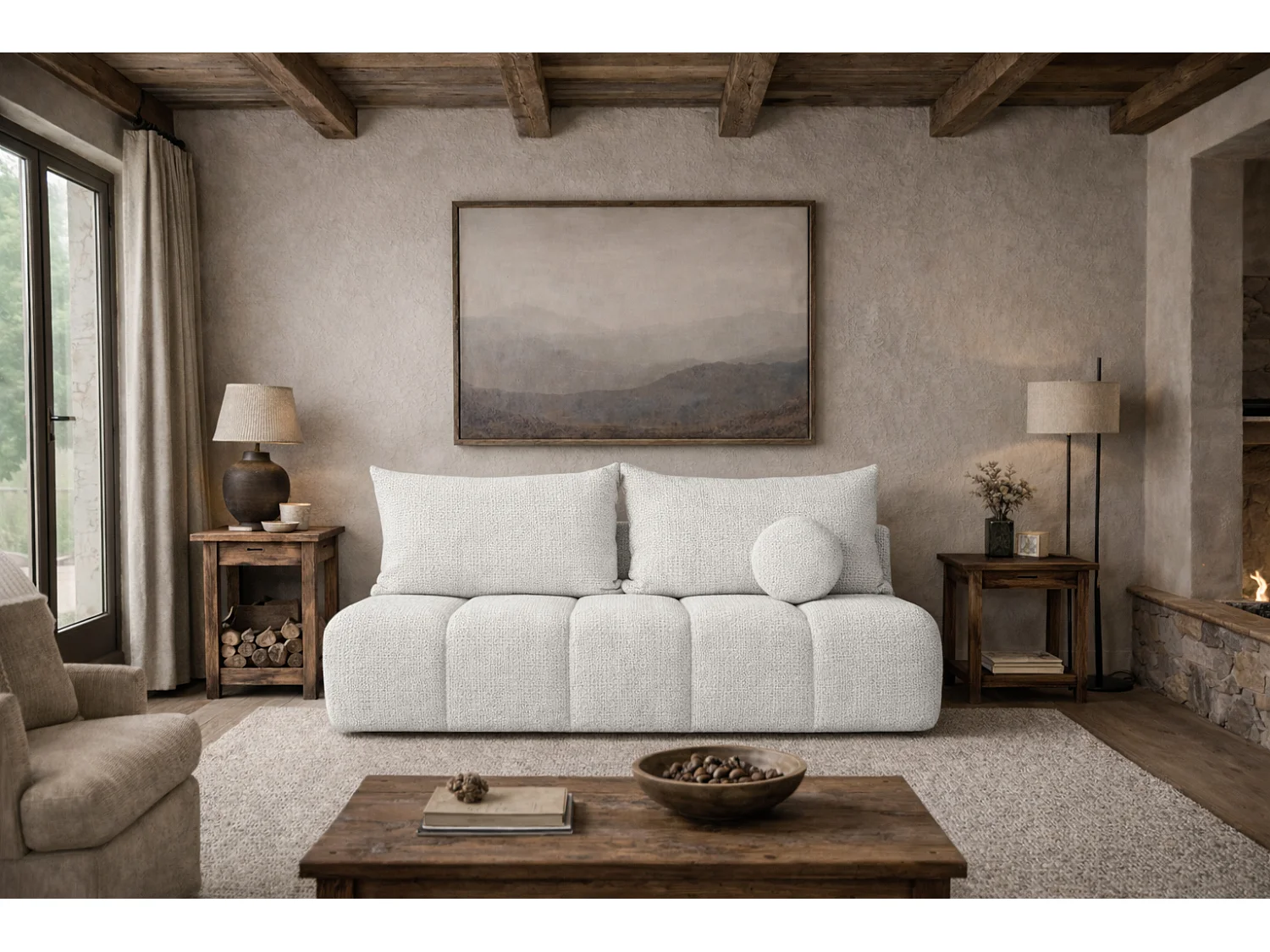 Canapé convertible avec fonction couchage et coffre de rangement, tissu chenille Flow, Ecru, PIANO