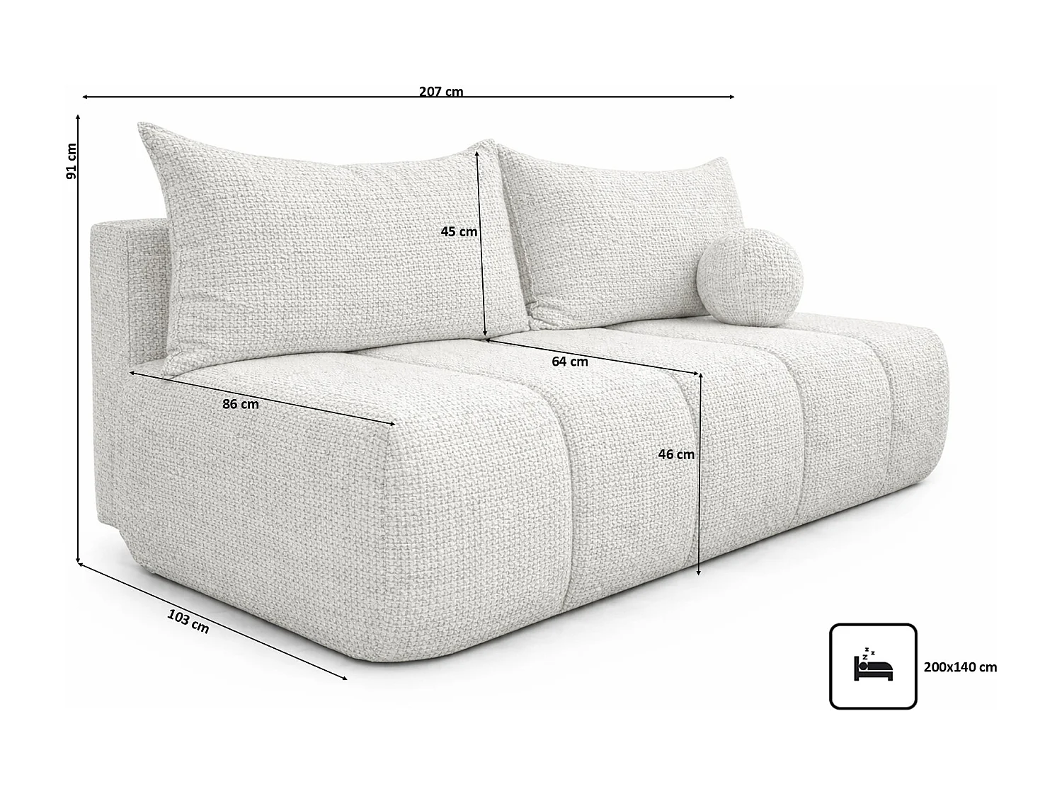 Canapé convertible avec fonction couchage et coffre de rangement, tissu chenille Flow, Ecru, PIANO