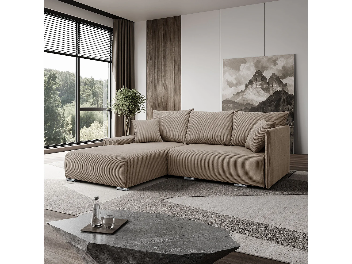 Canapé d'angle, Canapé en L, Tissu côtelé Poso, Brun clair, Gauche, Livorno L