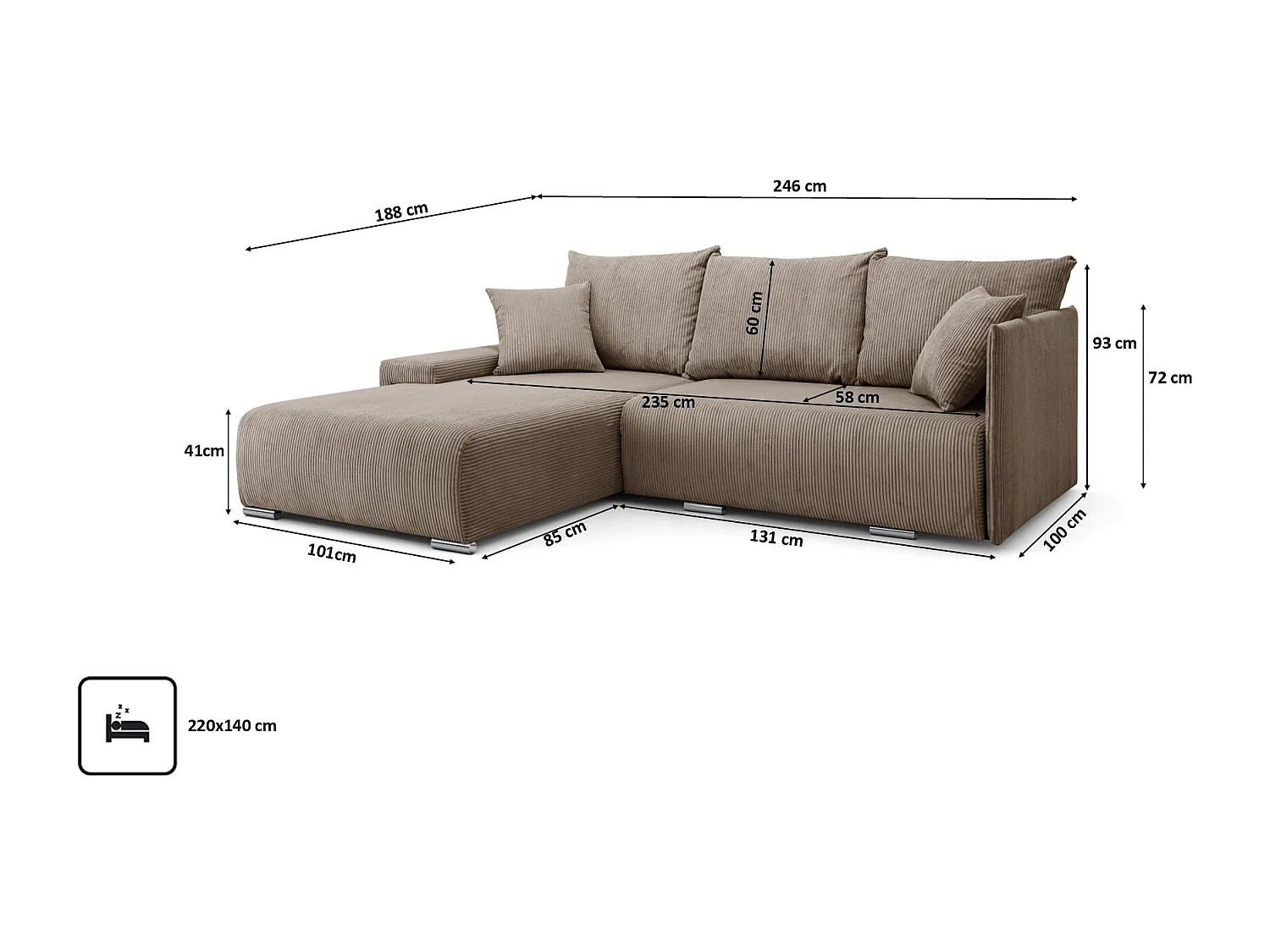 Canapé d'angle, Canapé en L, Tissu côtelé Poso, Brun clair, Gauche, Livorno L