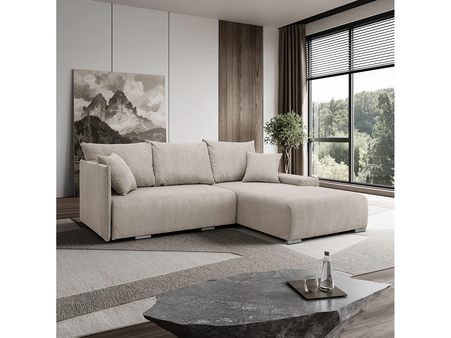 Canapé d'angle, Canapé en L, Tissu côtelé Poso, Beige, Droite, Livorno L