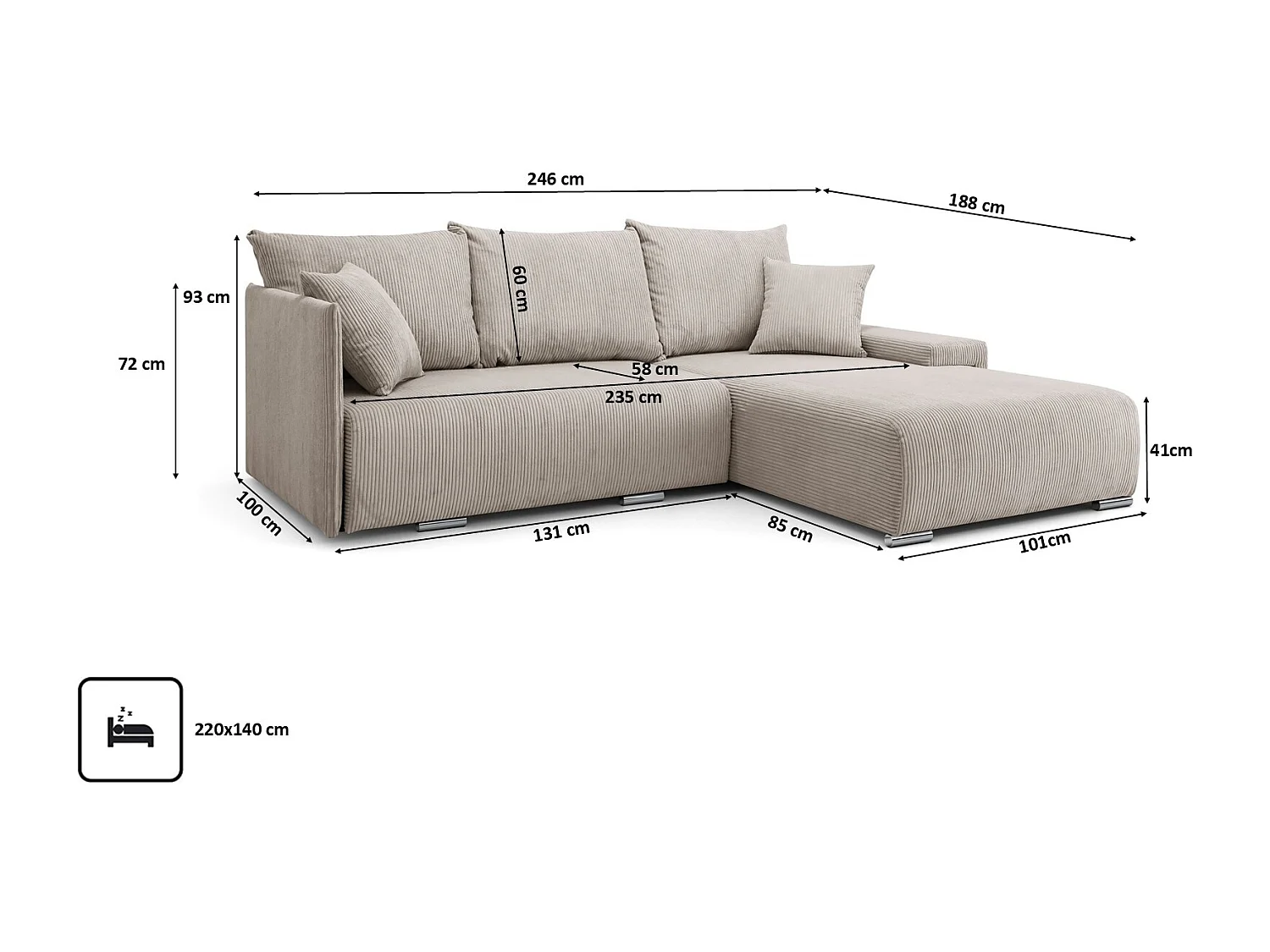 Canapé d'angle, Canapé en L, Tissu côtelé Poso, Beige, Droite, Livorno L