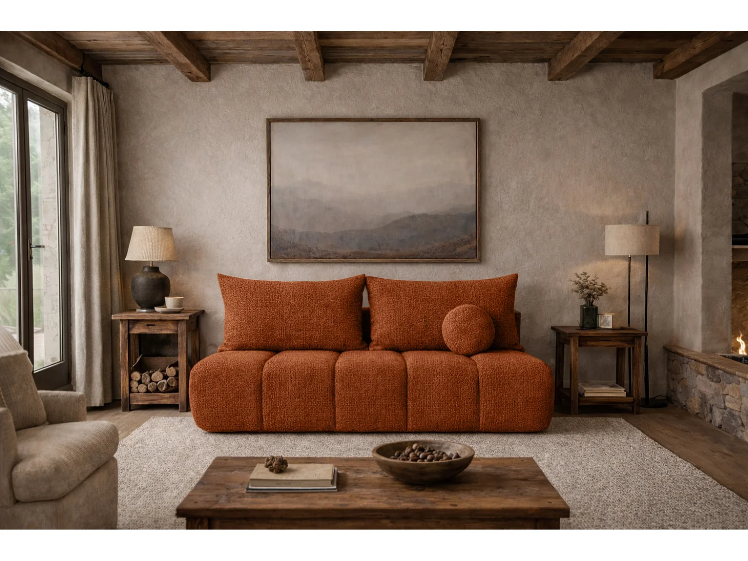 Canapé convertible avec fonction couchage et coffre de rangement, tissu chenille Flow, Cuivre, PIANO