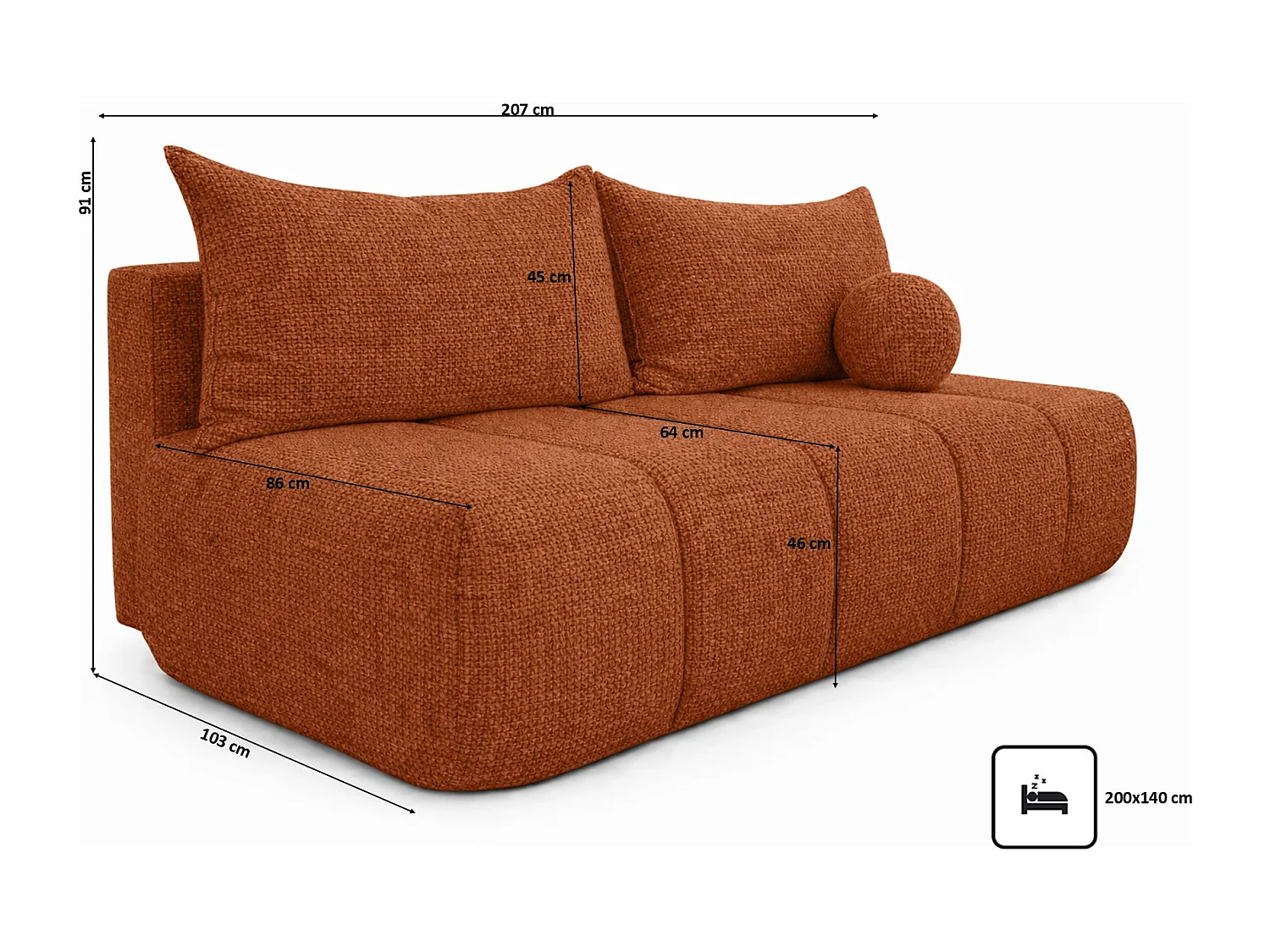 Canapé convertible avec fonction couchage et coffre de rangement, tissu chenille Flow, Cuivre, PIANO