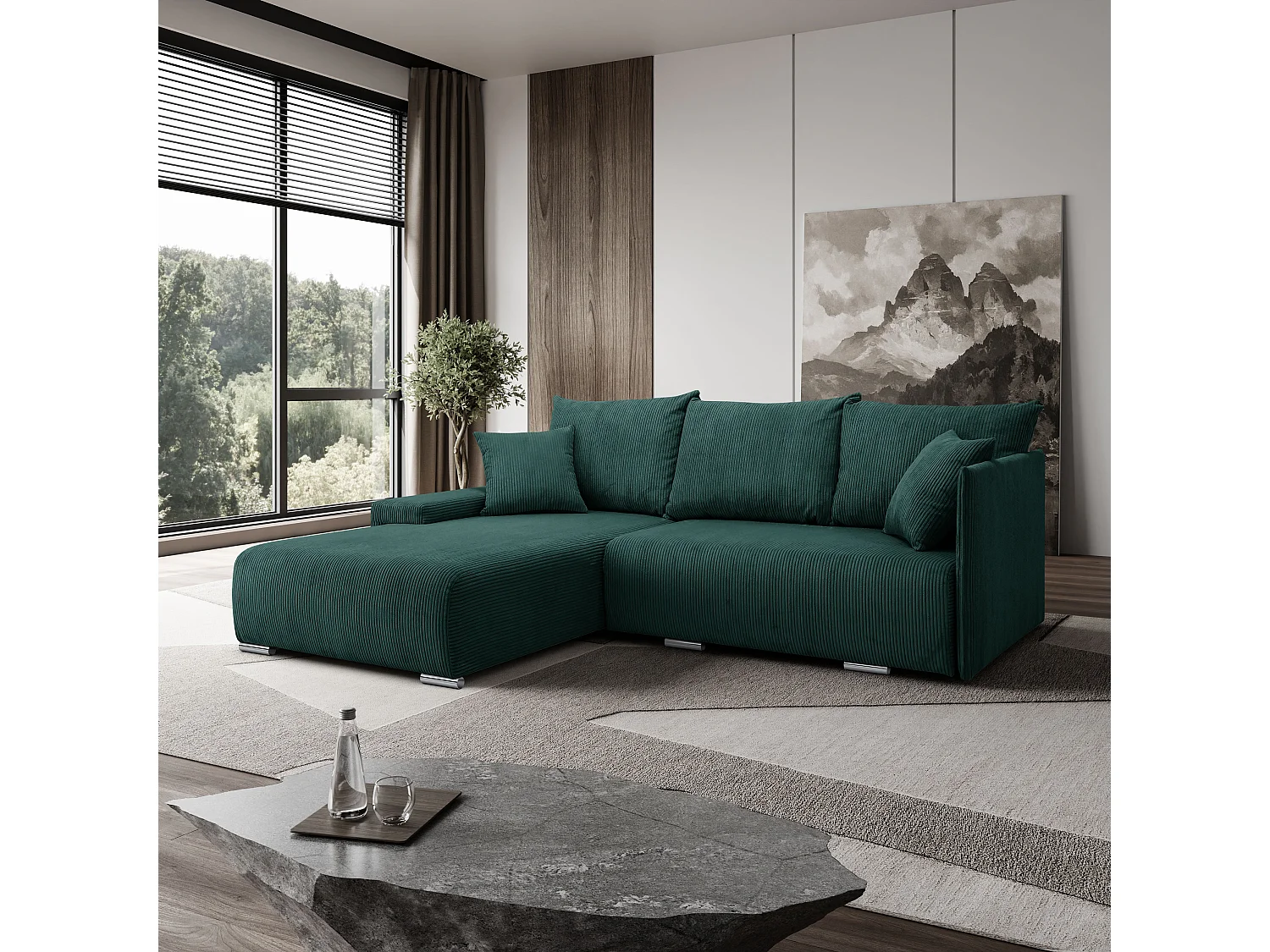 Canapé d'angle, Canapé en L, Tissu côtelé Poso, Vert, Gauche, Livorno L