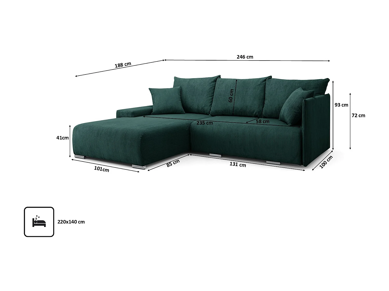 Canapé d'angle, Canapé en L, Tissu côtelé Poso, Vert, Gauche, Livorno L