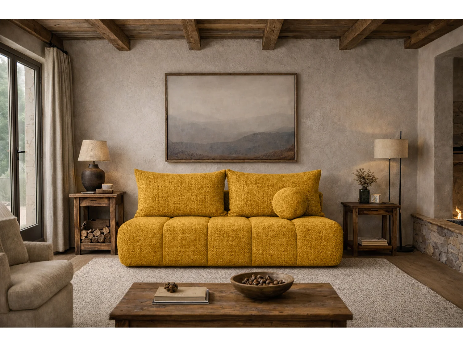 Canapé convertible avec fonction couchage et coffre de rangement, tissu chenille Flow, Jaune, PIANO