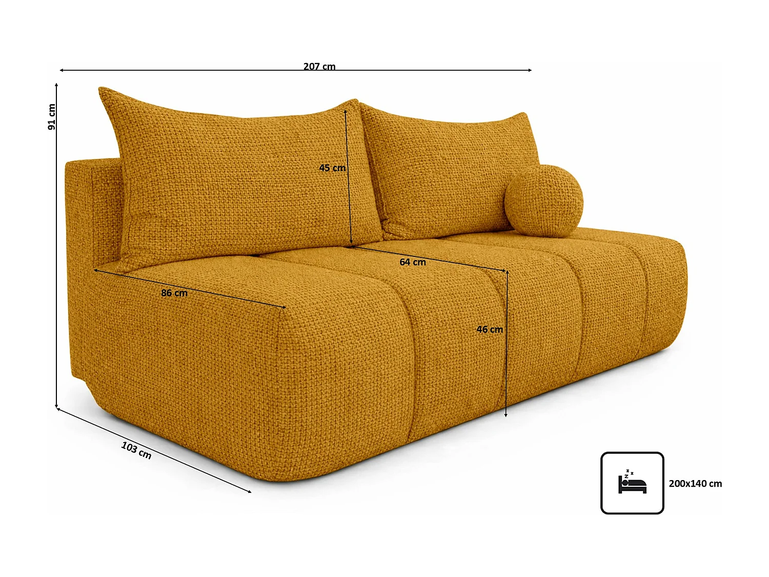 Canapé convertible avec fonction couchage et coffre de rangement, tissu chenille Flow, Jaune, PIANO