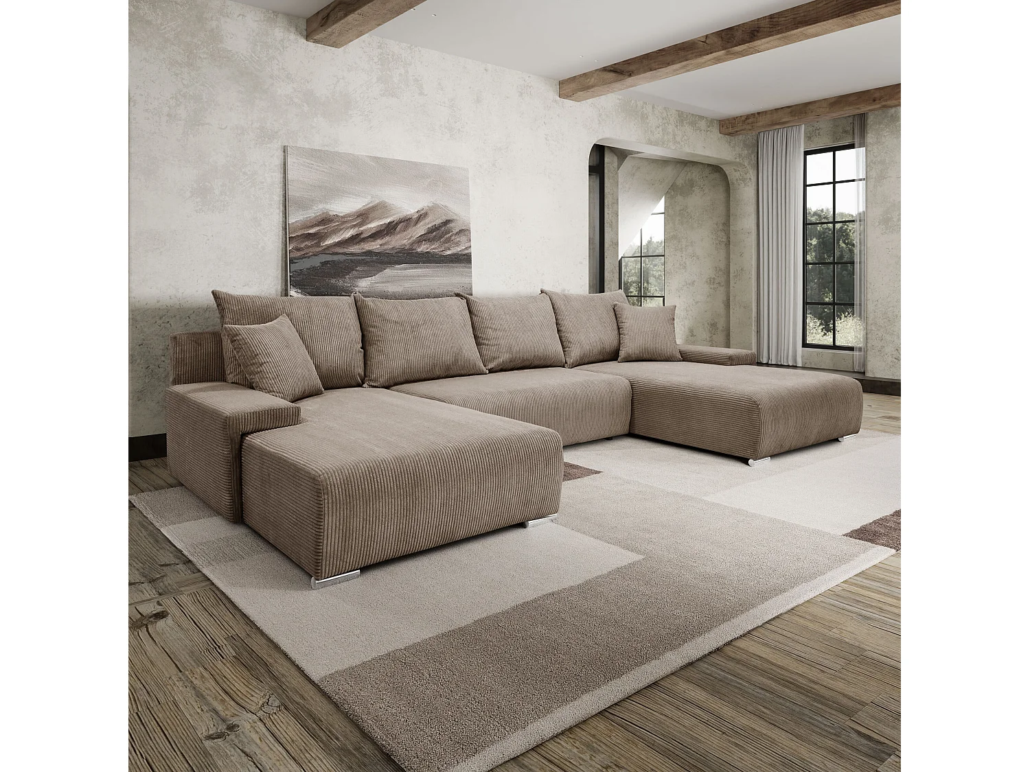 Canapé d'angle, Canapé en U, Tissu côtelé Poso, Brun clair, Livorno U