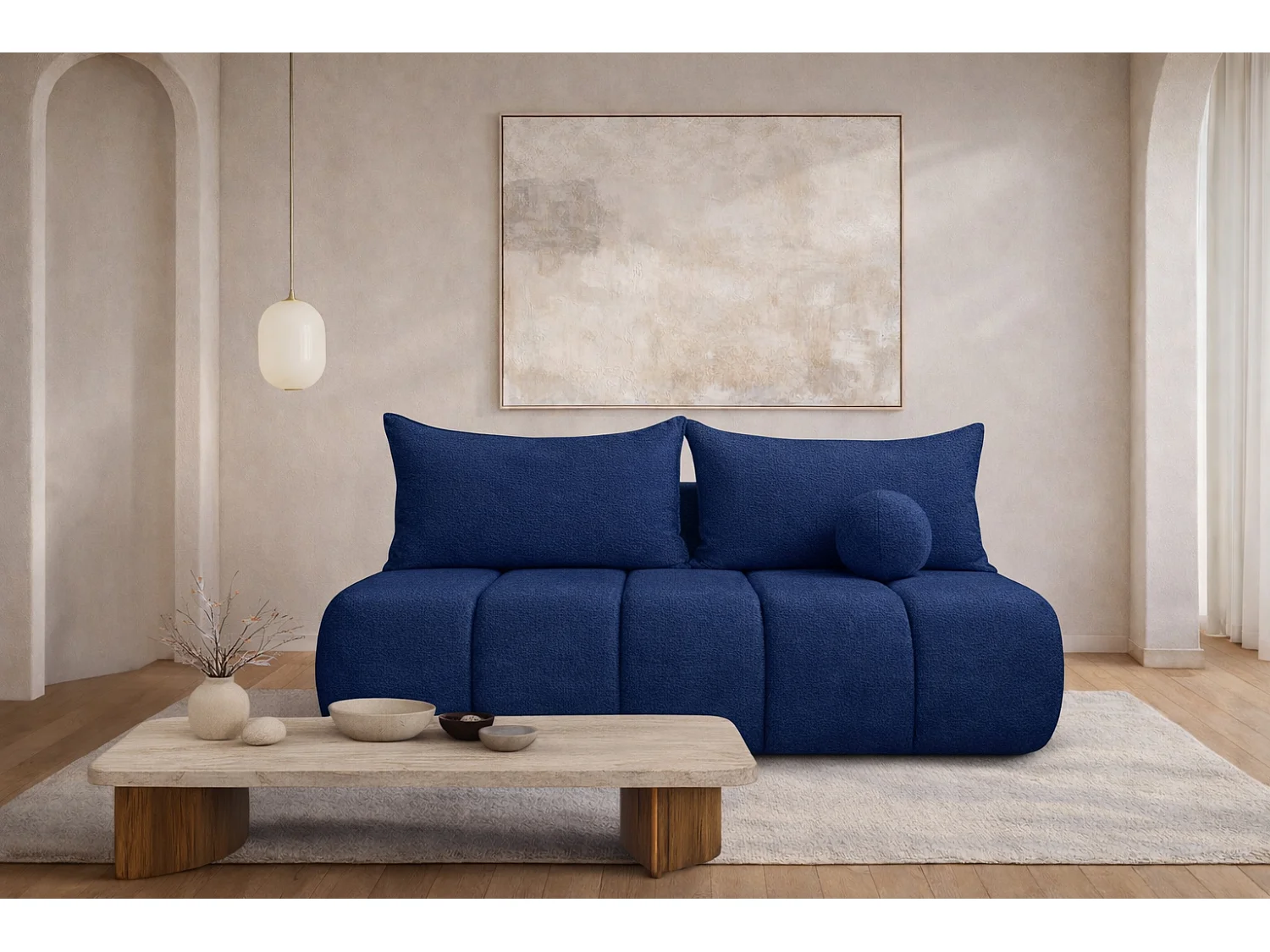 Canapé convertible avec fonction couchage et coffre de rangement, velours Monolith, Bleu foncé, PIANO