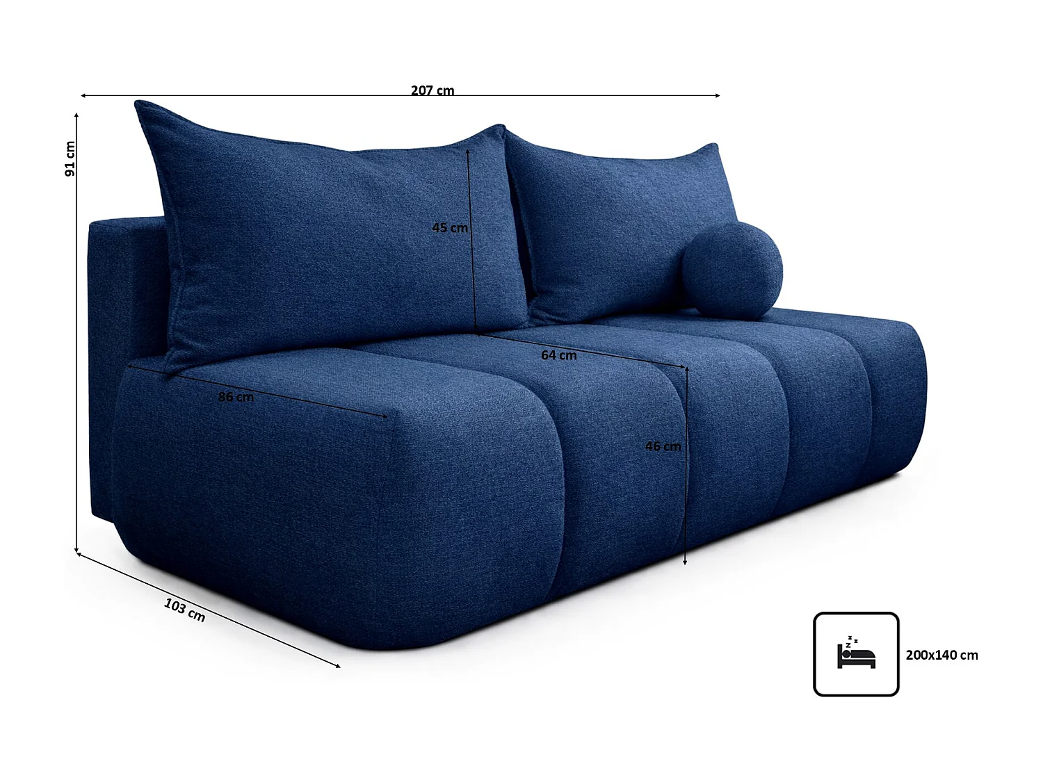 Canapé convertible avec fonction couchage et coffre de rangement, velours Monolith, Bleu foncé, PIANO