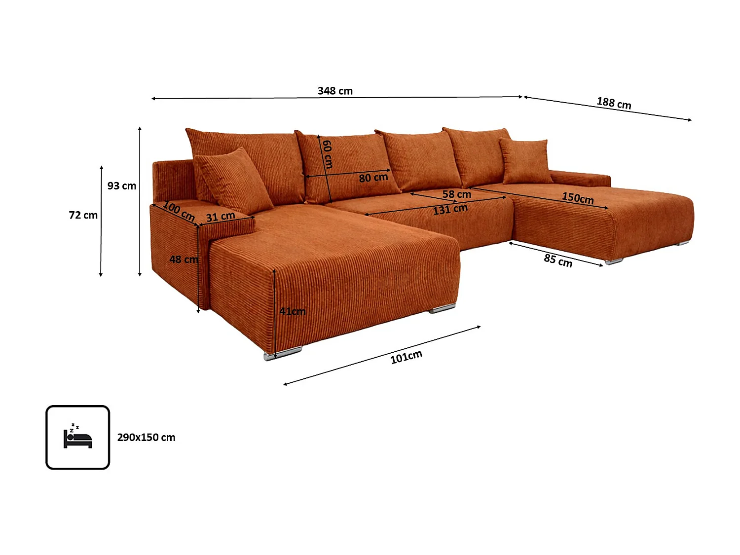 Canapé d'angle, Canapé en U, Tissu côtelé Poso, Cuivre, Livorno U