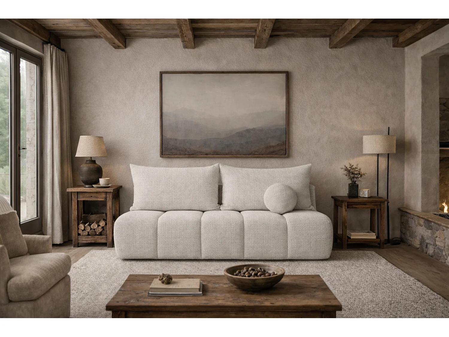 Canapé convertible avec fonction couchage et coffre de rangement, tissu chenille Flow, Beige foncé, PIANO