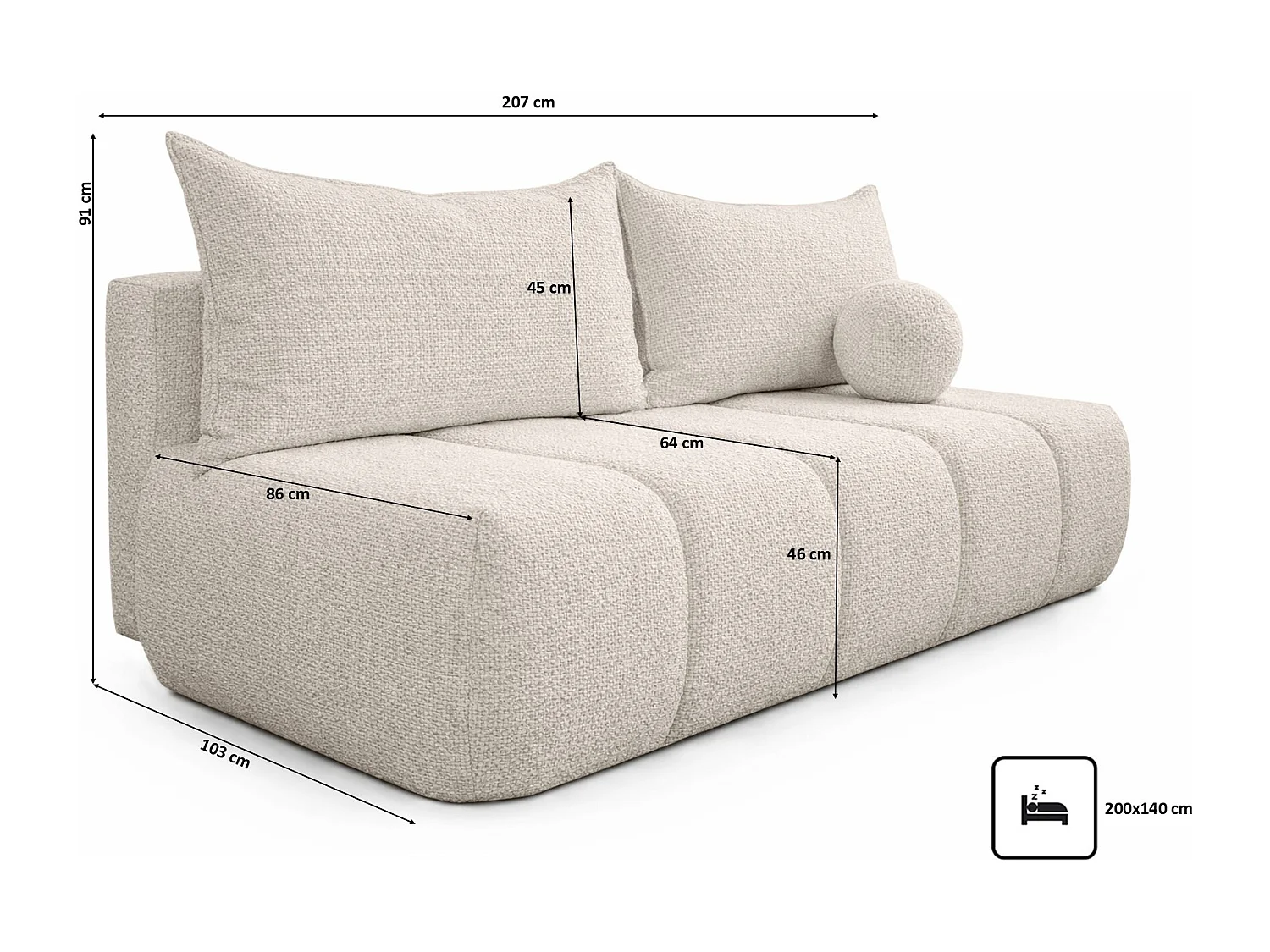 Canapé convertible avec fonction couchage et coffre de rangement, tissu chenille Flow, Beige foncé, PIANO