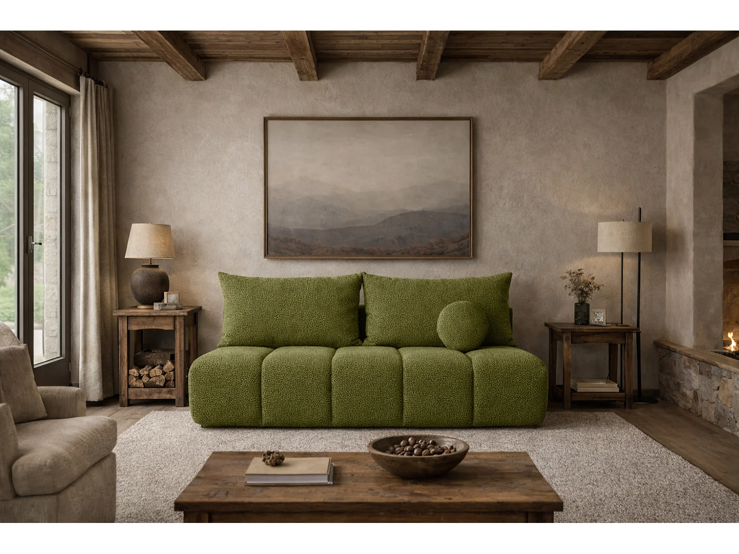 Canapé convertible avec fonction couchage et coffre de rangement, tissu chenille Flow, Olive, PIANO