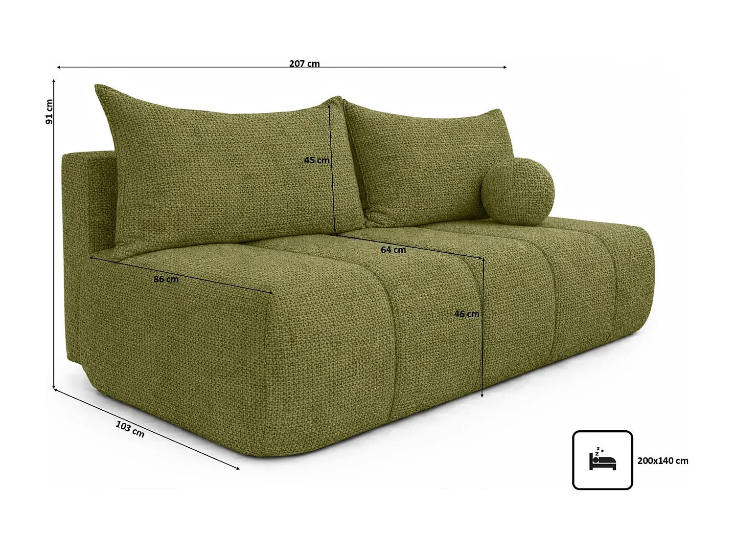 Canapé convertible avec fonction couchage et coffre de rangement, tissu chenille Flow, Olive, PIANO