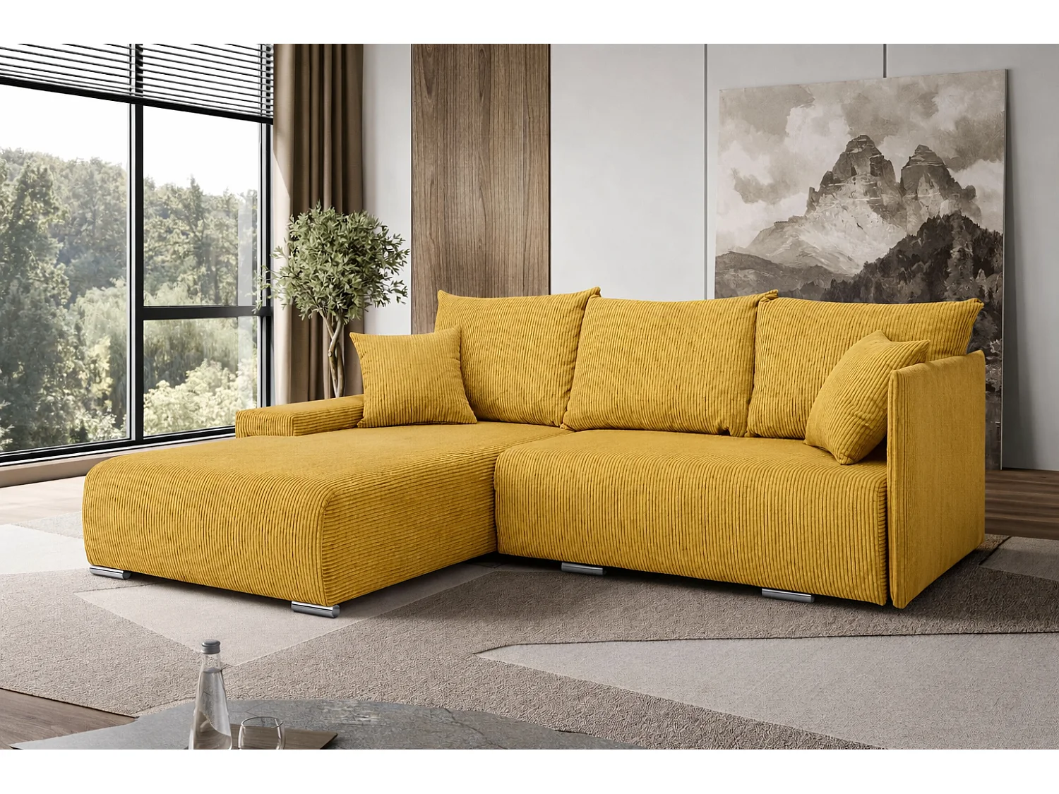 Canapé d'angle, Canapé en L, Tissu côtelé Poso, Jaune, Gauche, Livorno L