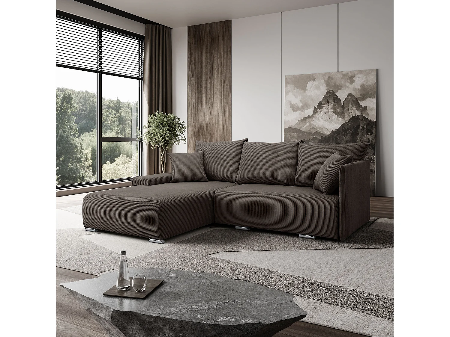 Canapé d'angle, Canapé en L, Tissu côtelé Poso, Marron, Gauche, Livorno L