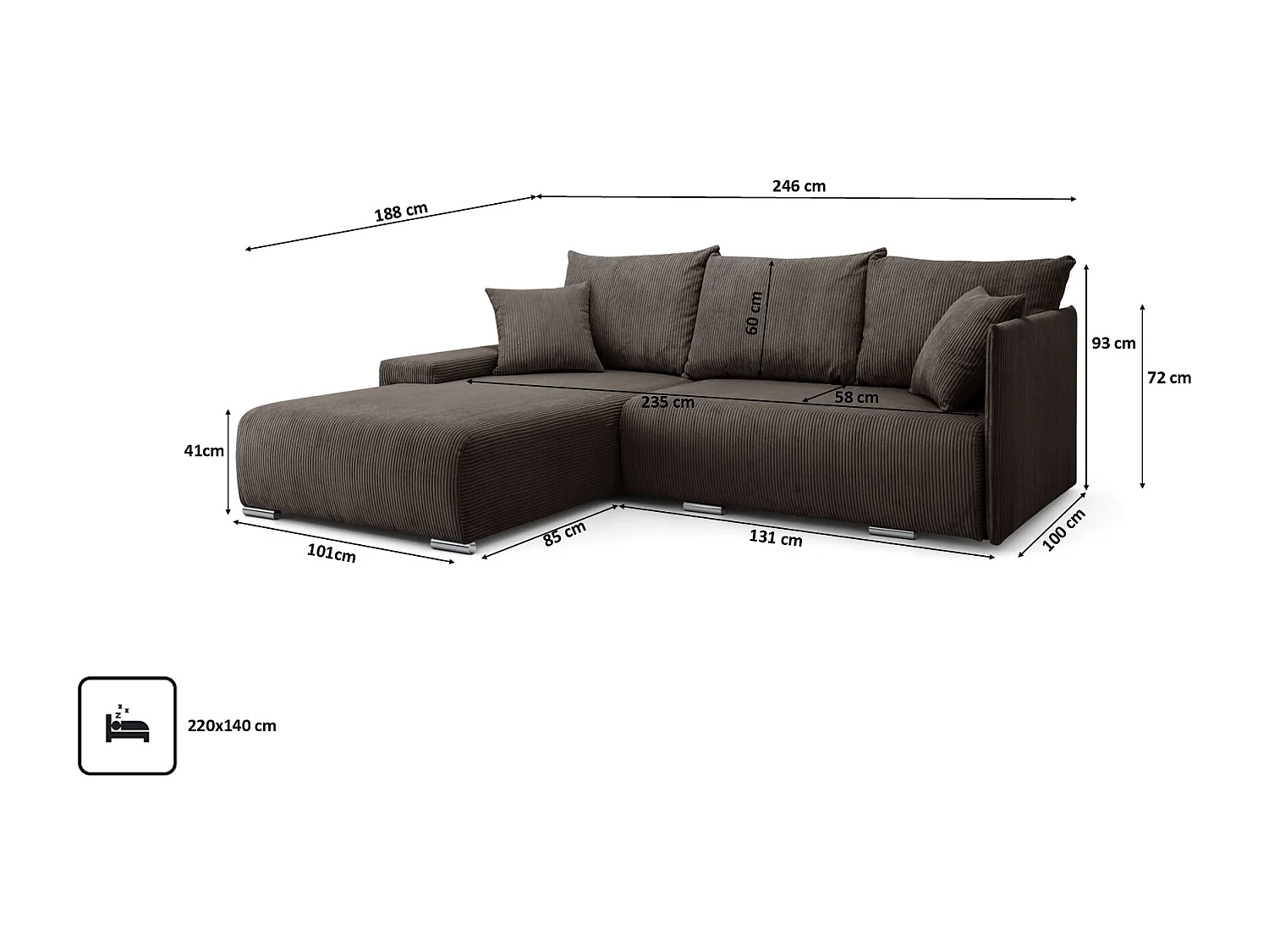 Canapé d'angle, Canapé en L, Tissu côtelé Poso, Marron, Gauche, Livorno L