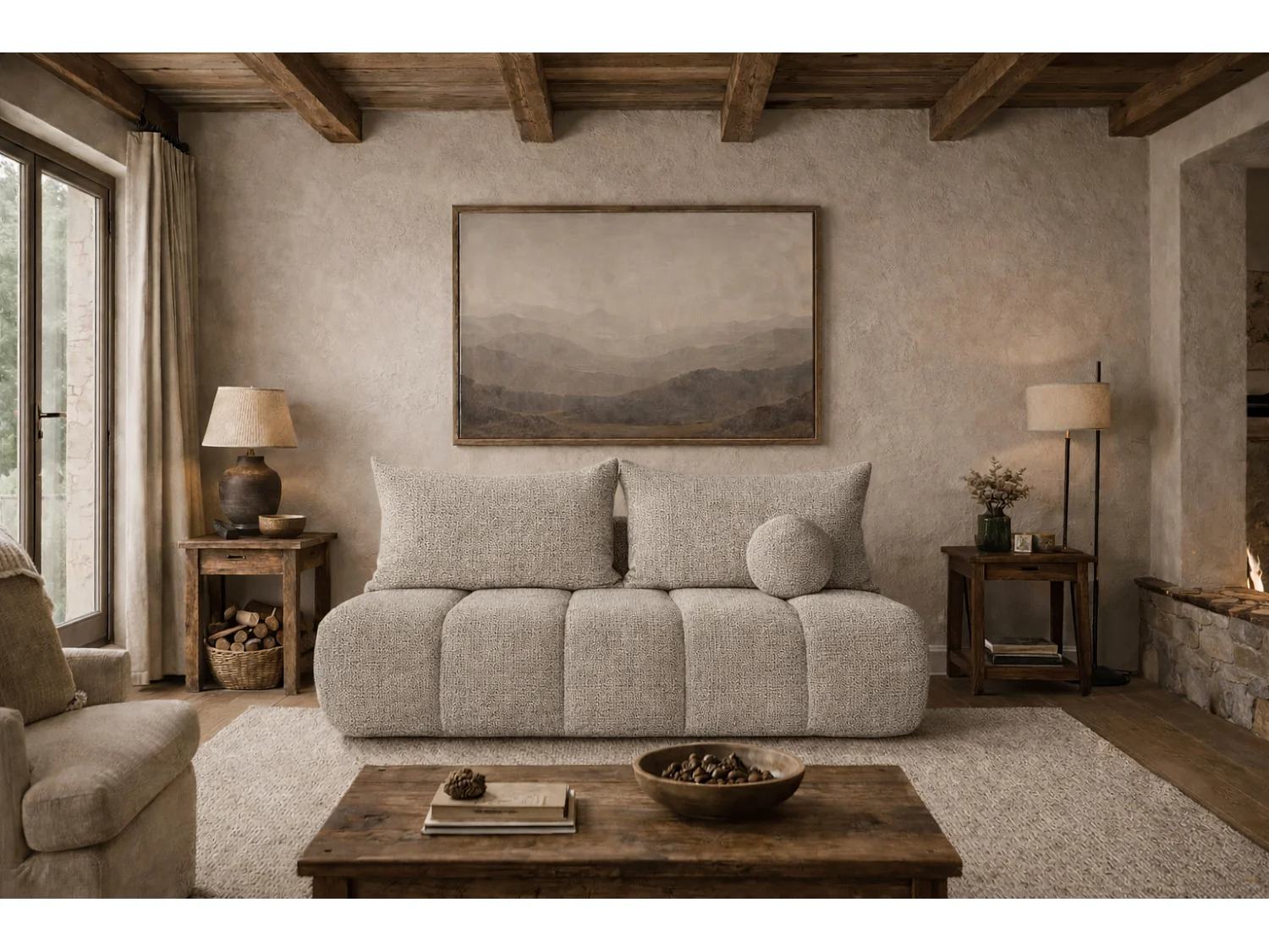 Canapé convertible avec fonction couchage et coffre de rangement, tissu chenille Flow, Beige, PIANO