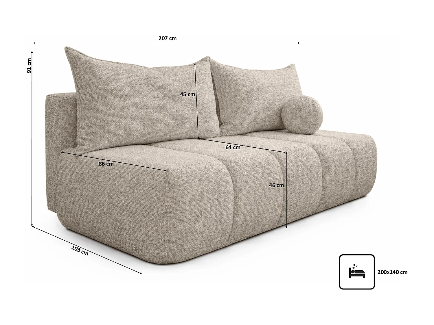 Canapé convertible avec fonction couchage et coffre de rangement, tissu chenille Flow, Beige, PIANO