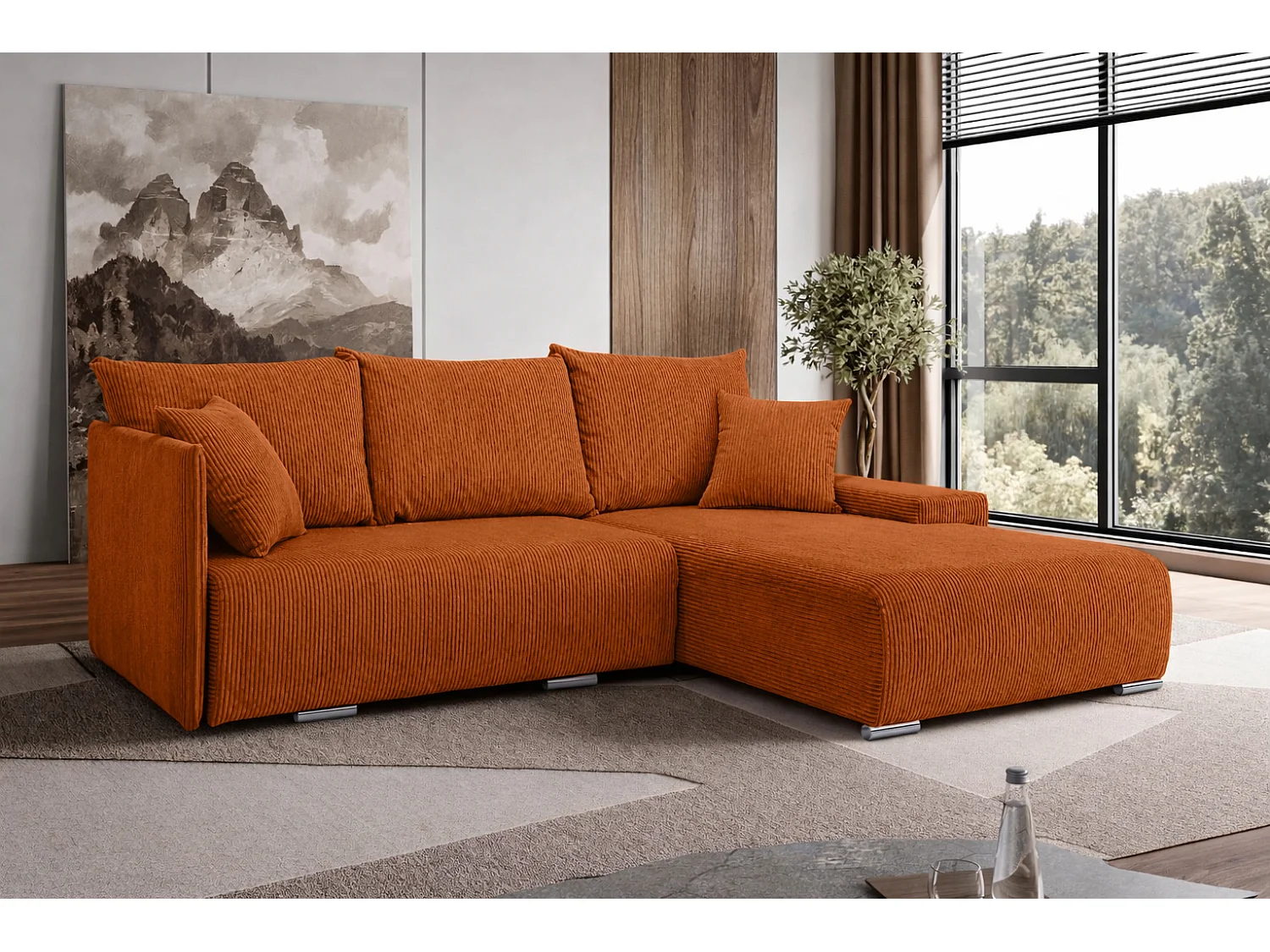 Canapé d'angle, Canapé en L, Tissu côtelé Poso, Cuivre, Droite, Livorno L