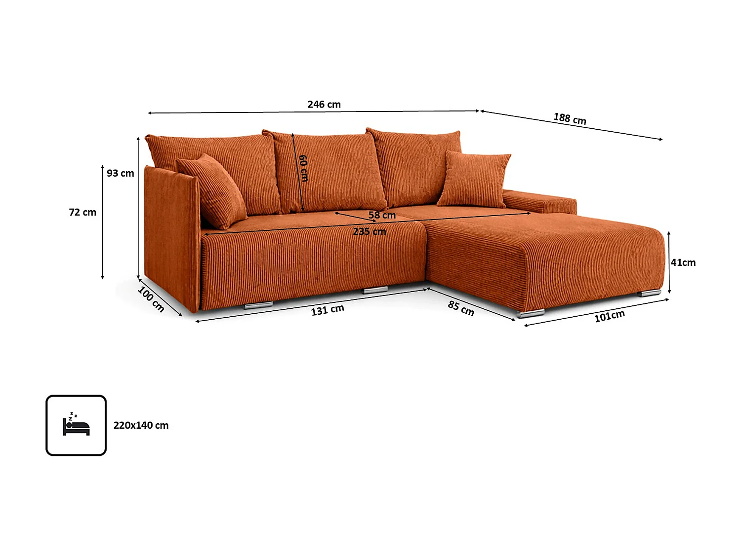 Canapé d'angle, Canapé en L, Tissu côtelé Poso, Cuivre, Droite, Livorno L