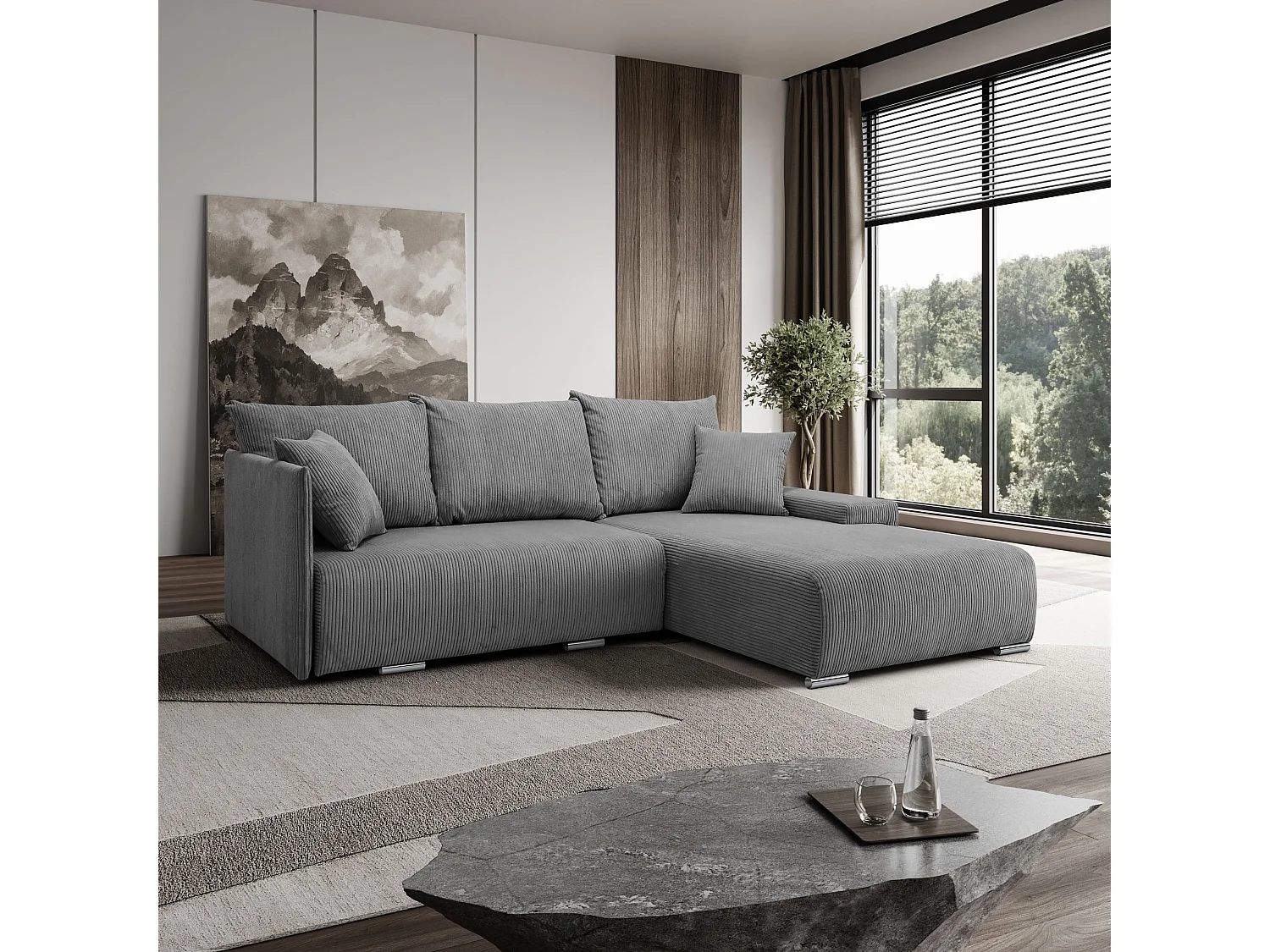 Canapé d'angle, Canapé en L, Tissu côtelé Poso, Gris, Droite, Livorno L