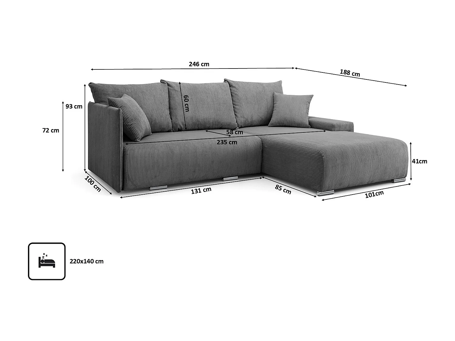 Canapé d'angle, Canapé en L, Tissu côtelé Poso, Gris, Droite, Livorno L