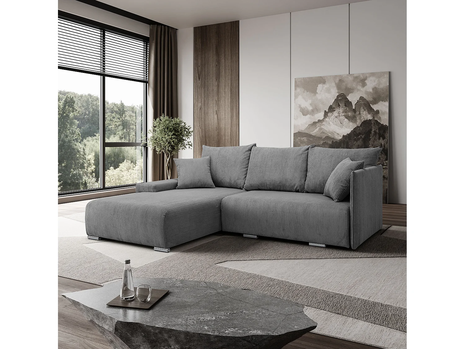Canapé d'angle, Canapé en L, Tissu côtelé Poso, Gris, Gauche, Livorno L