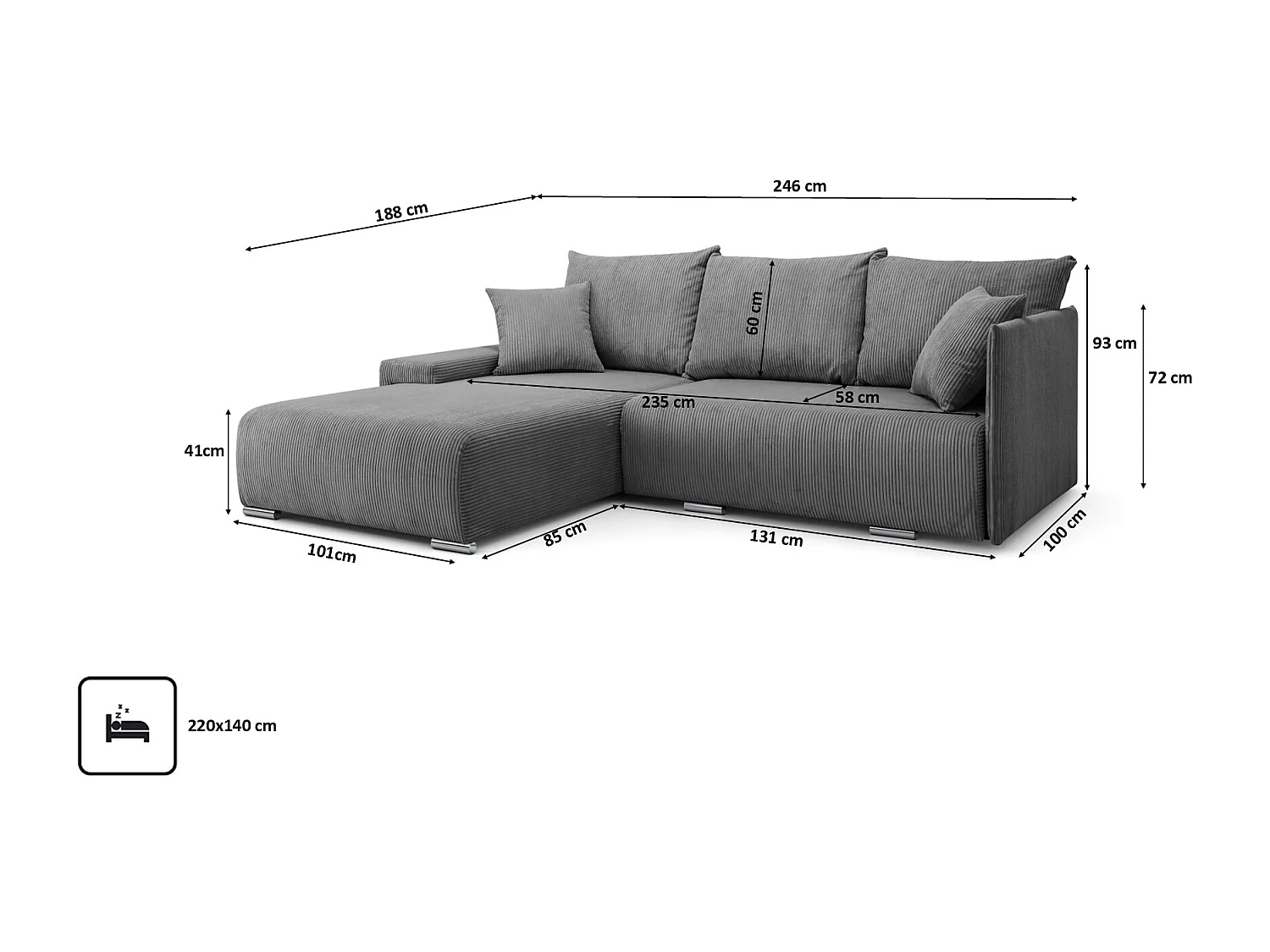 Canapé d'angle, Canapé en L, Tissu côtelé Poso, Gris, Gauche, Livorno L