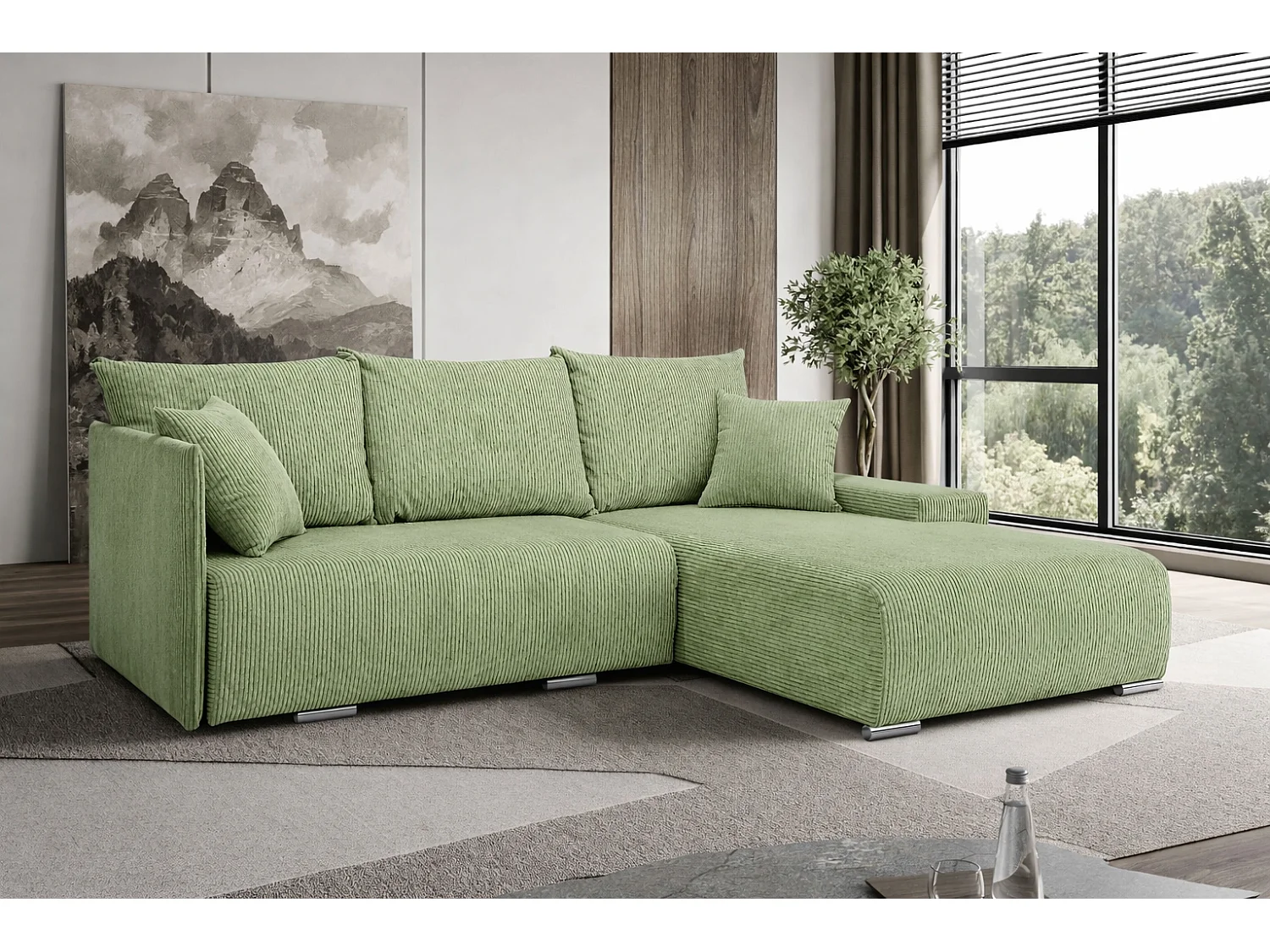 Canapé d'angle, Canapé en L, Tissu côtelé Poso, Vert clair, Droite, Livorno L