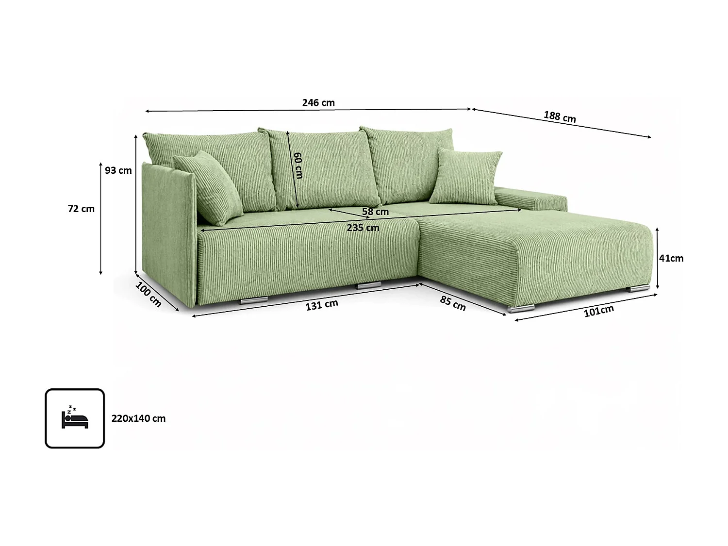 Canapé d'angle, Canapé en L, Tissu côtelé Poso, Vert clair, Droite, Livorno L