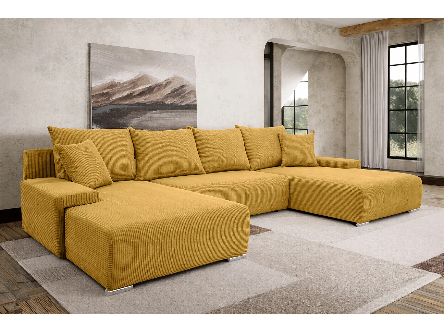 Canapé d'angle, Canapé en U, Tissu côtelé Poso, Jaune, Livorno U