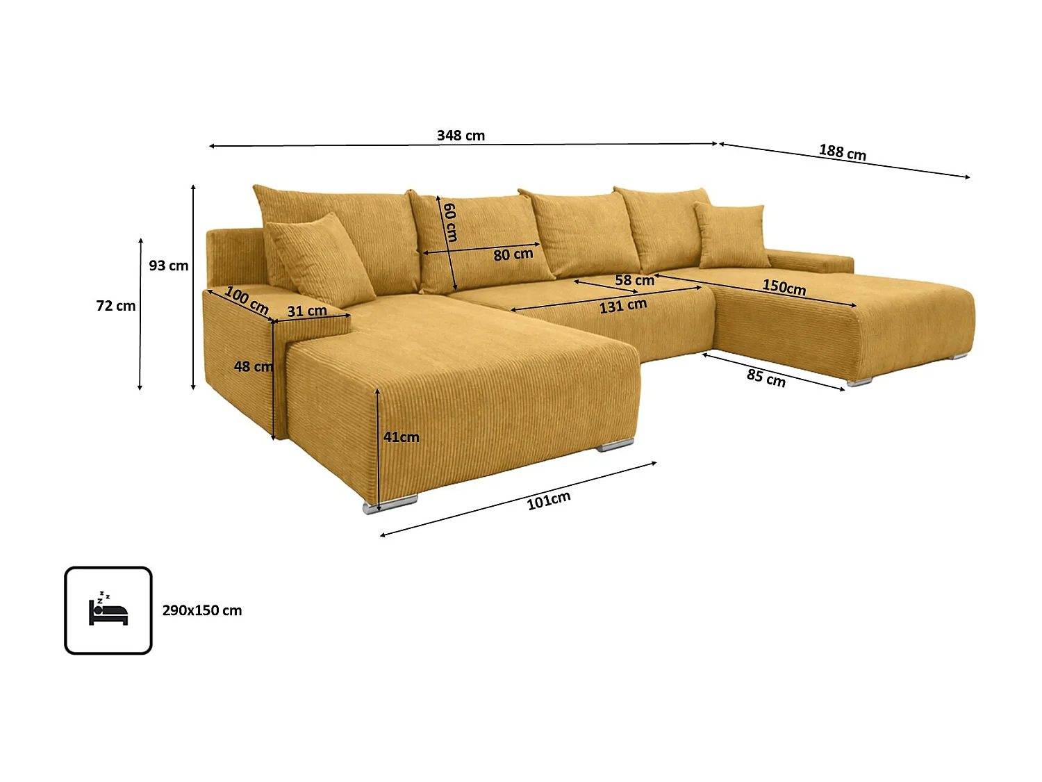 Canapé d'angle, Canapé en U, Tissu côtelé Poso, Jaune, Livorno U