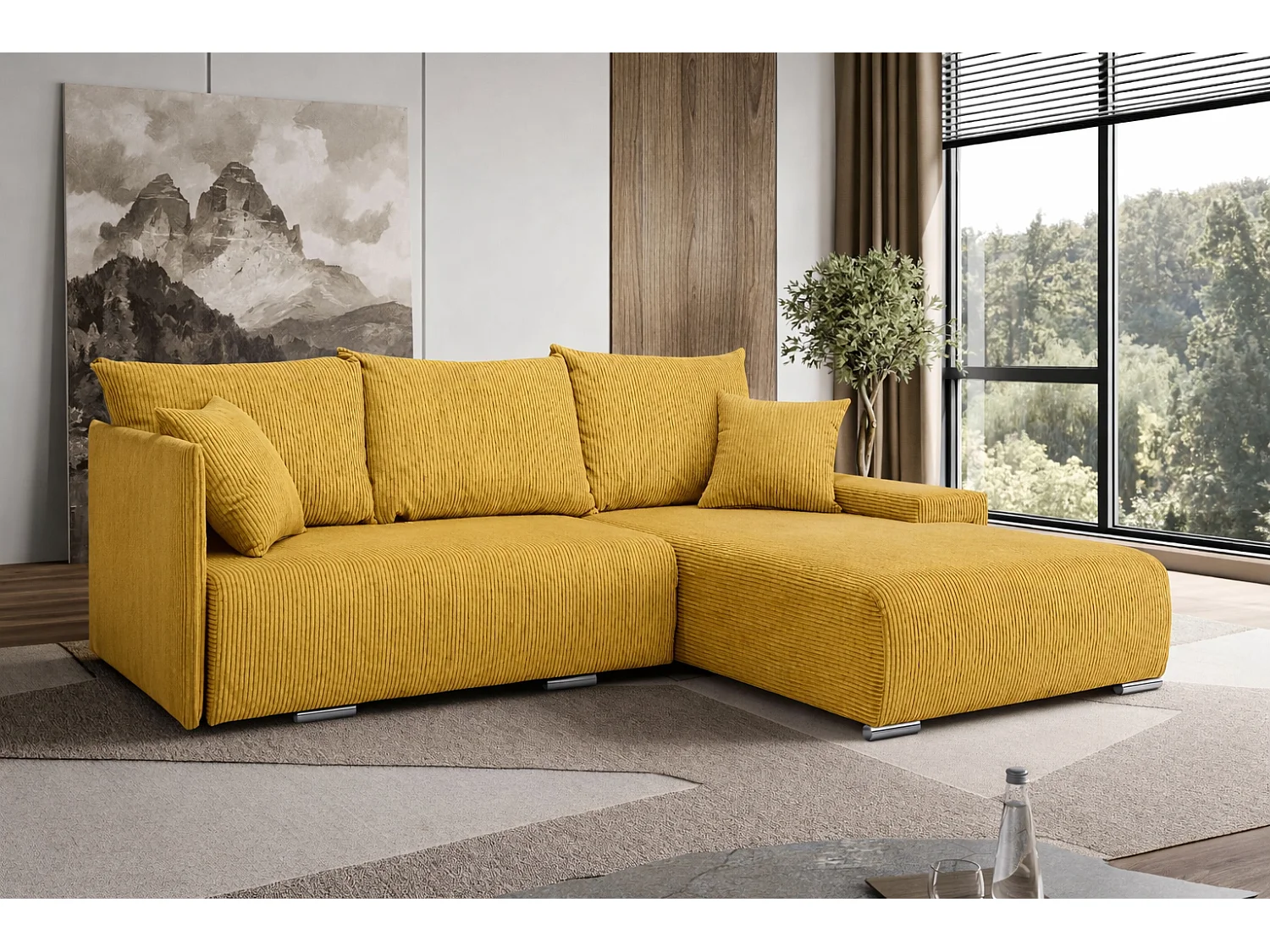 Canapé d'angle, Canapé en L, Tissu côtelé Poso, Jaune, Droite, Livorno L