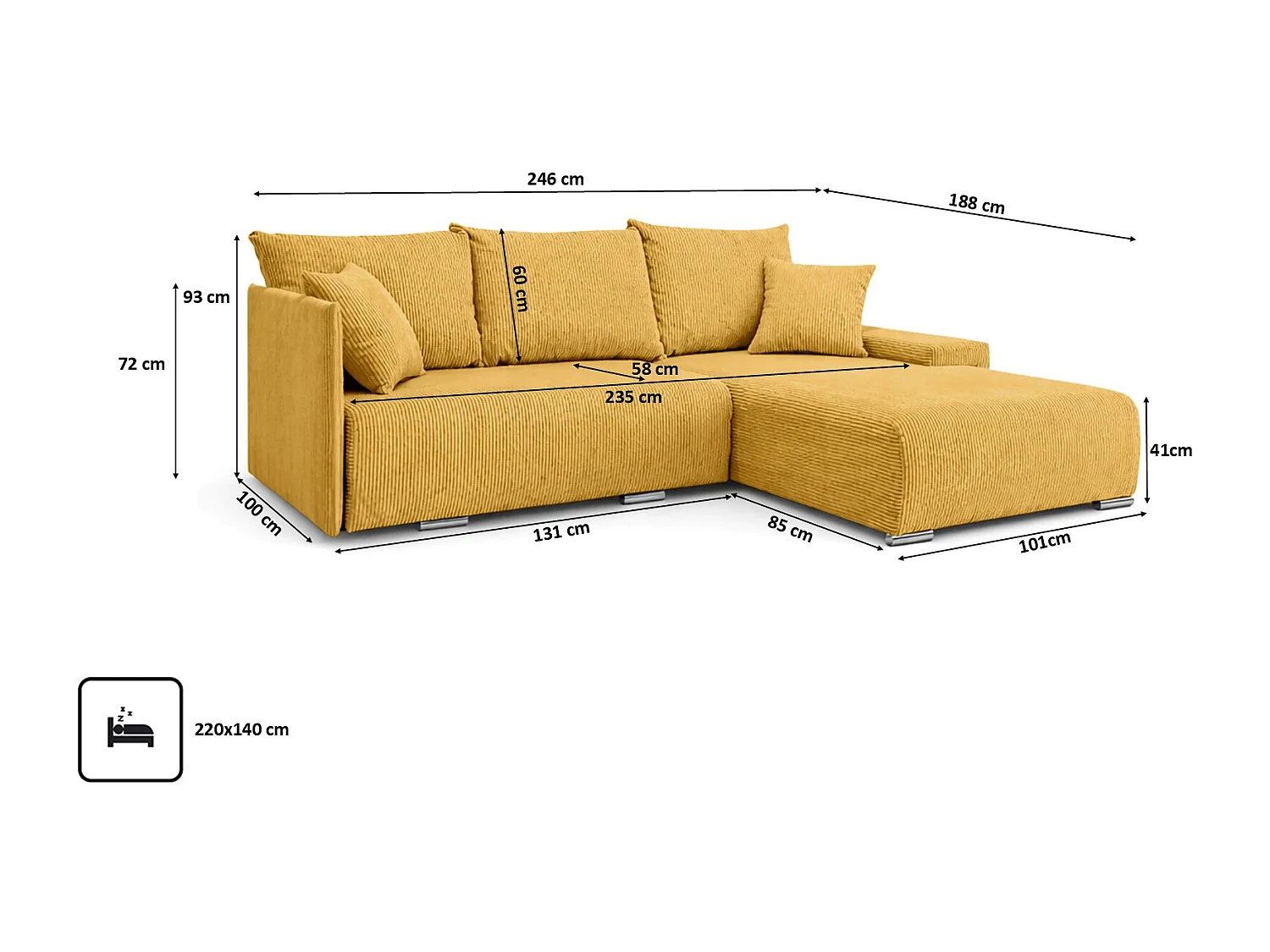 Canapé d'angle, Canapé en L, Tissu côtelé Poso, Jaune, Droite, Livorno L